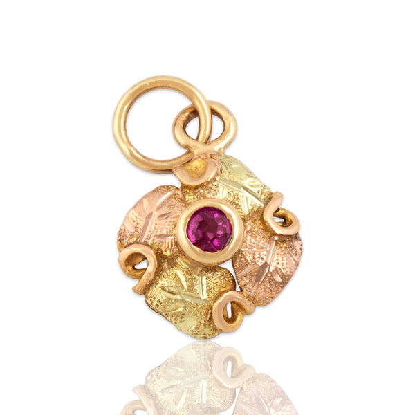 Antique 14k Yellow & Rose Gold Synthetic Ruby Leafy Solitaire Charm / Pendant