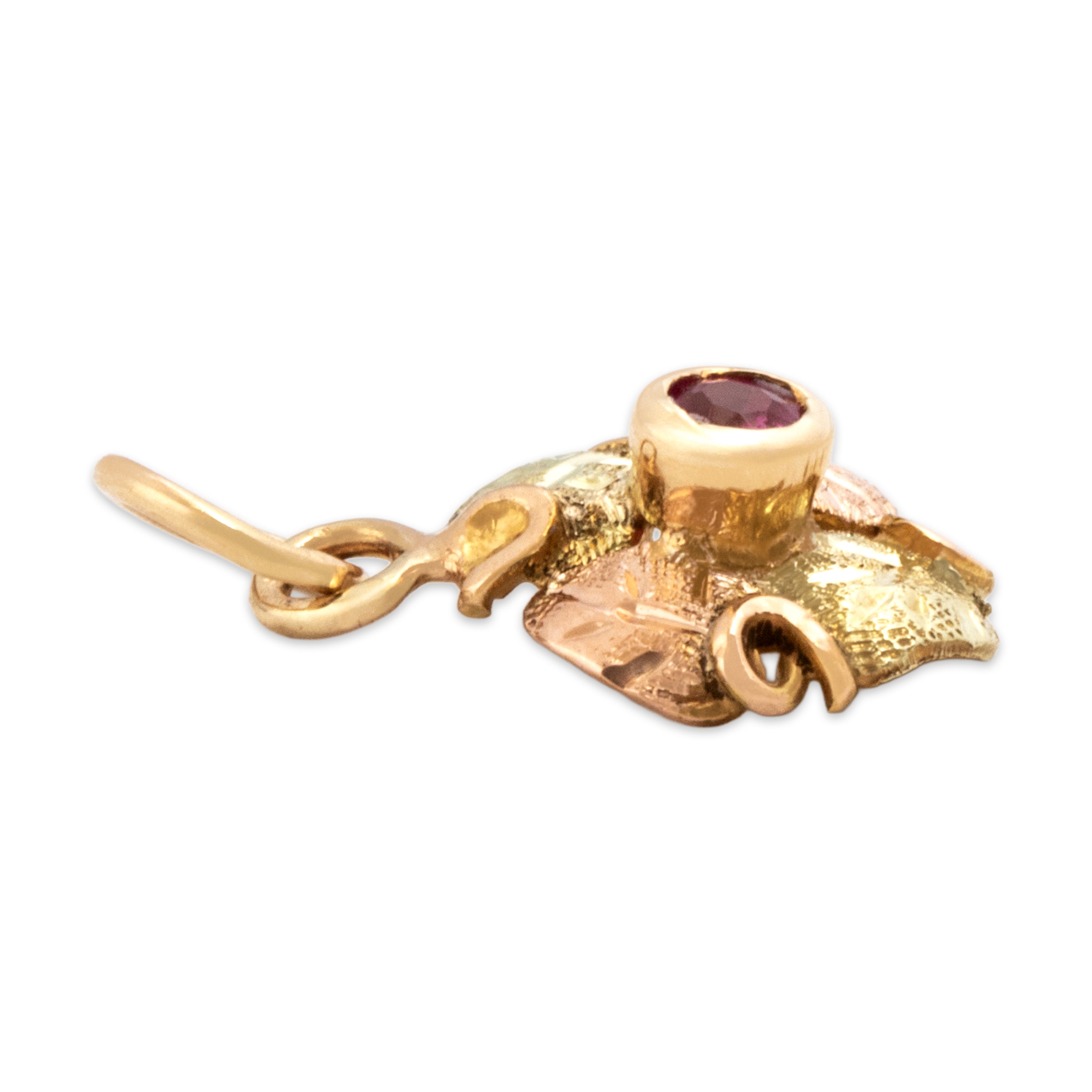 Antique 14k Yellow & Rose Gold Synthetic Ruby Leafy Framed Solitaire Charm / Pendant - Side view