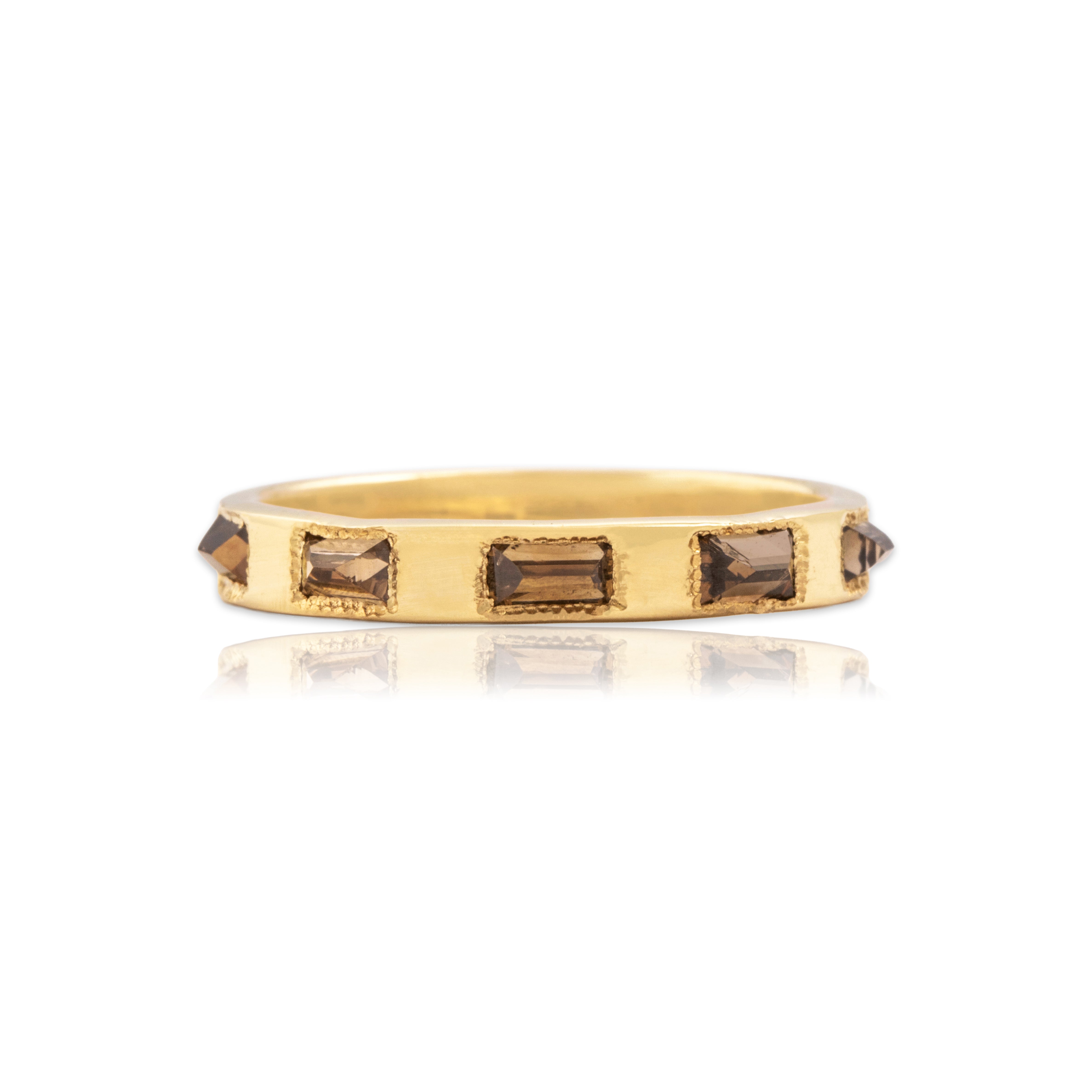 Vintage 14k Yellow Gold Brown Diamond Unique Inverted Baguette Station Band Ring - Close-up view