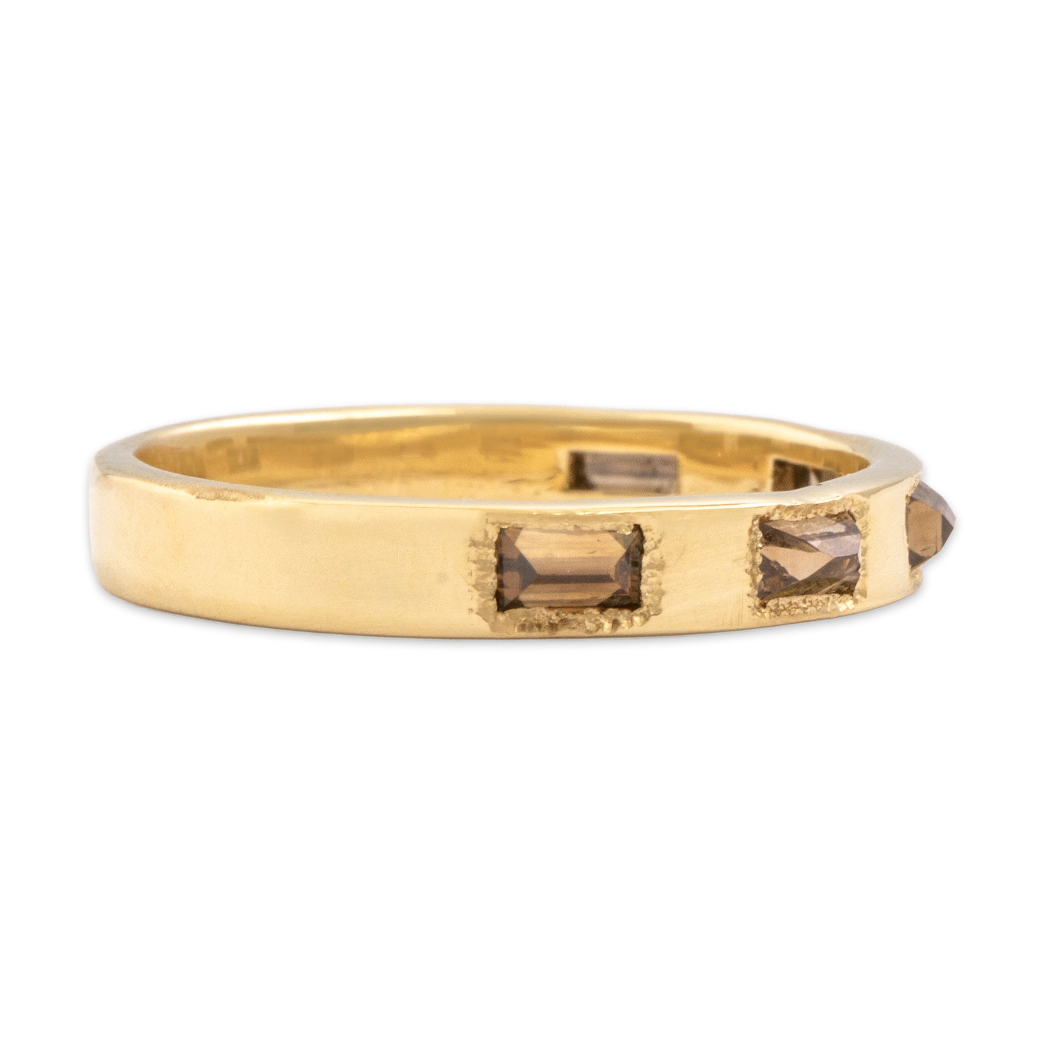 Vintage 14k Yellow Gold Brown Diamond Unique Inverted Baguette Station Band Ring - Side view