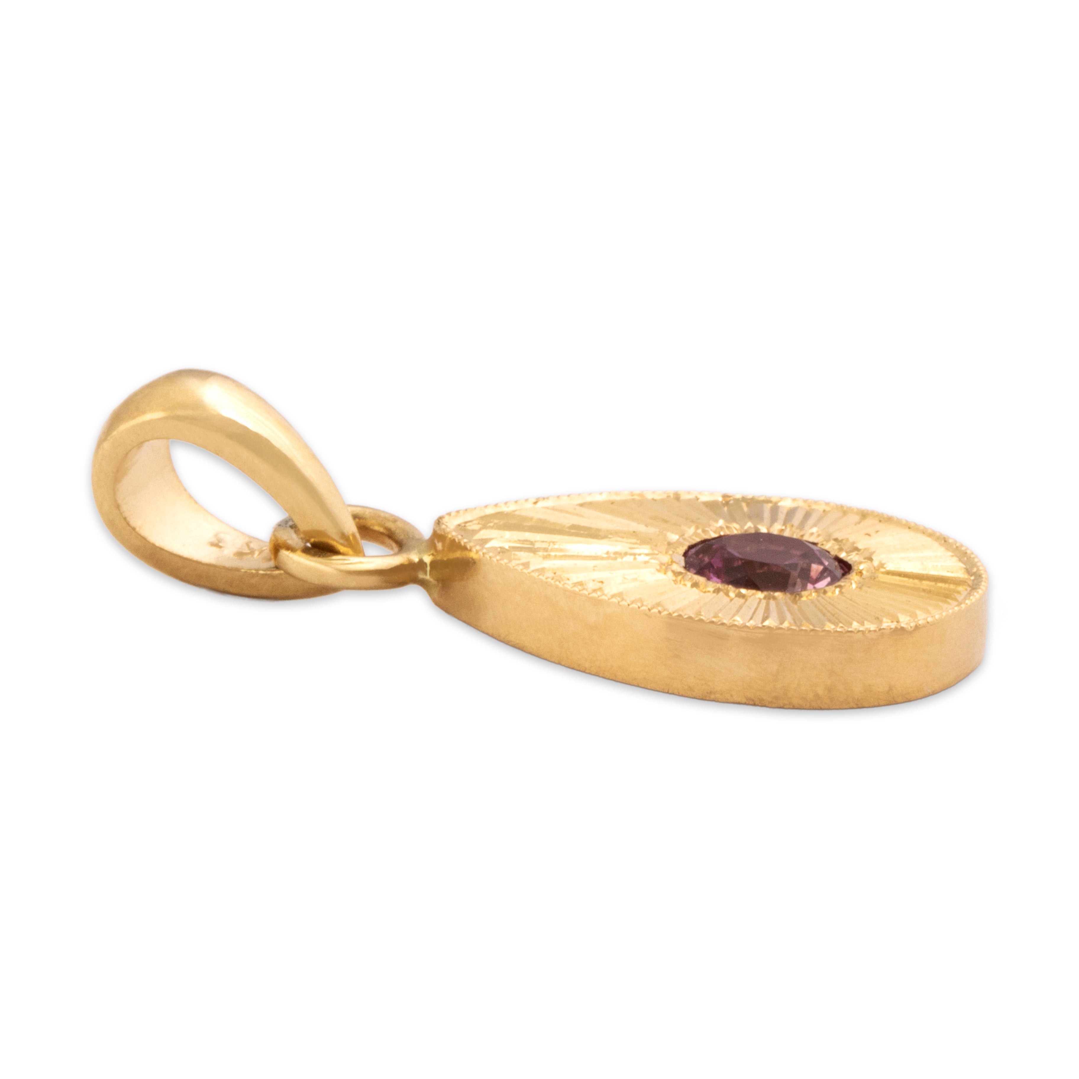 Estate 14k Yellow Gold Pink Sapphire Fantastic Etched Milgrain Detail Drop Pendant - Side view