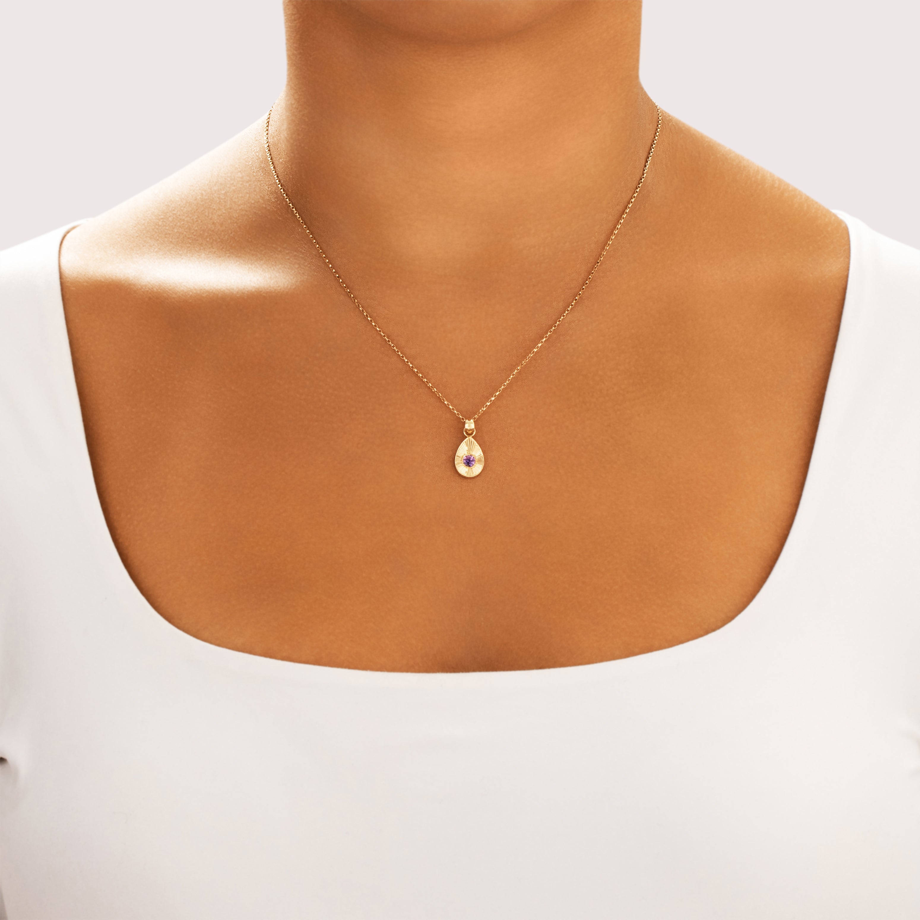 Estate 14k Yellow Gold Pink Sapphire Fantastic Etched Milgrain Detail Drop Pendant - On model view