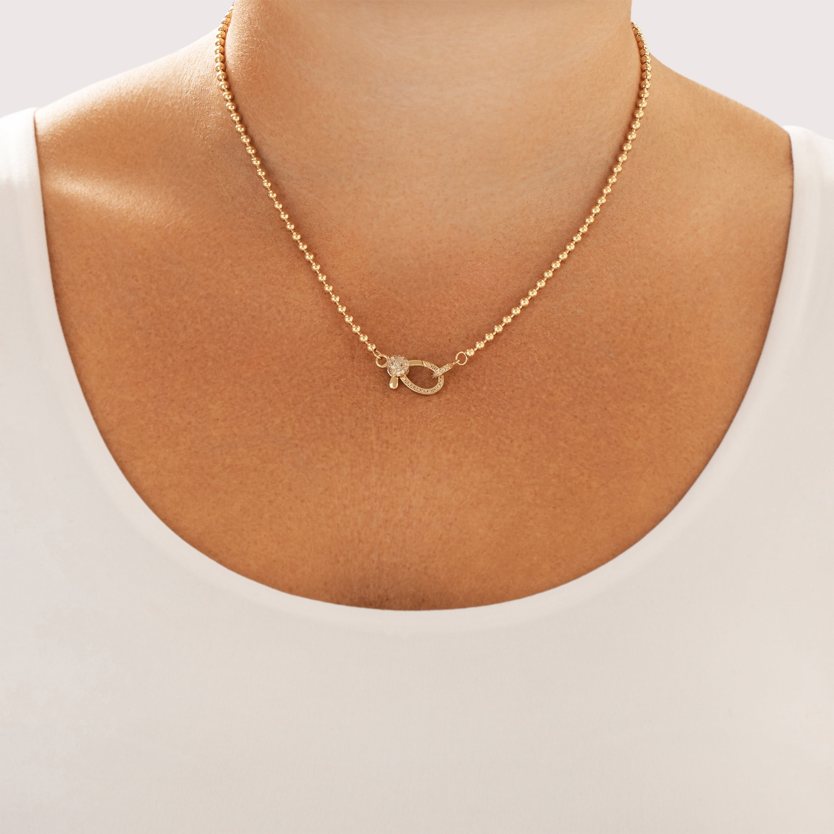 Estate 14k Yellow Gold Diamond Chunky Bubble Chain Carabiner Clasp Necklace - On model view