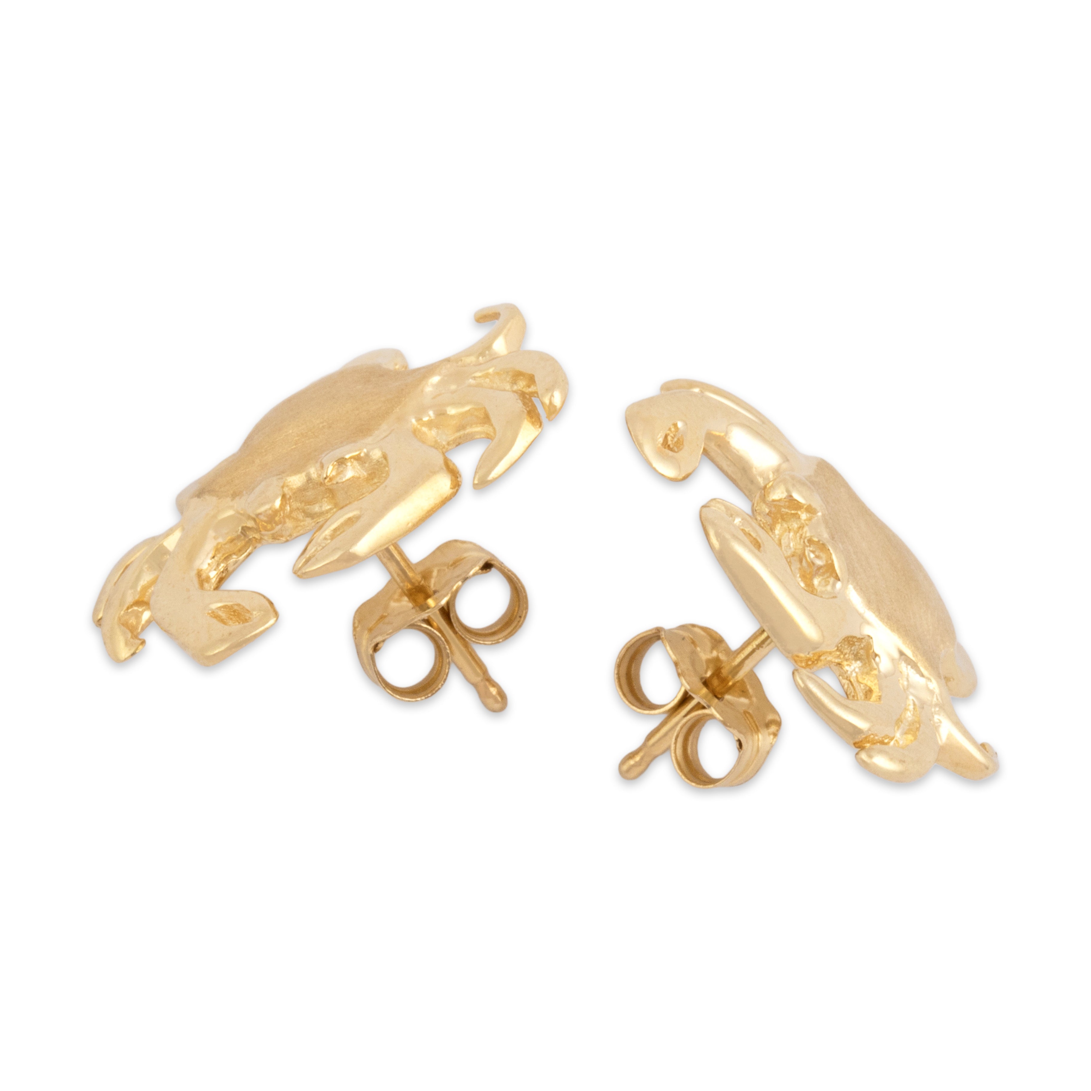 Vintage 14k Yellow Gold Pinching Brushed Crab Stud Earrings - Side view