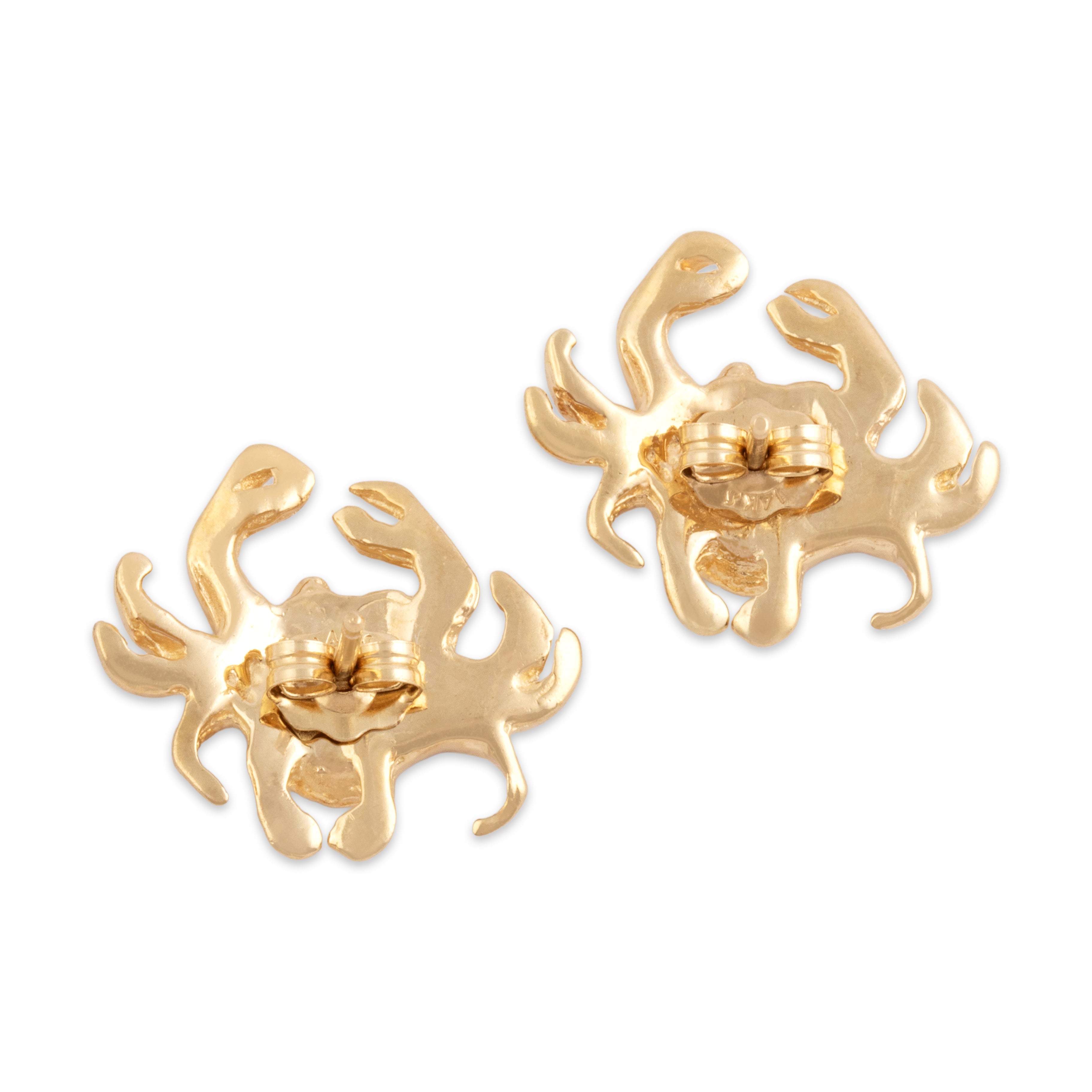 Vintage 14k Yellow Gold Pinching Brushed Crab Stud Earrings - Back view