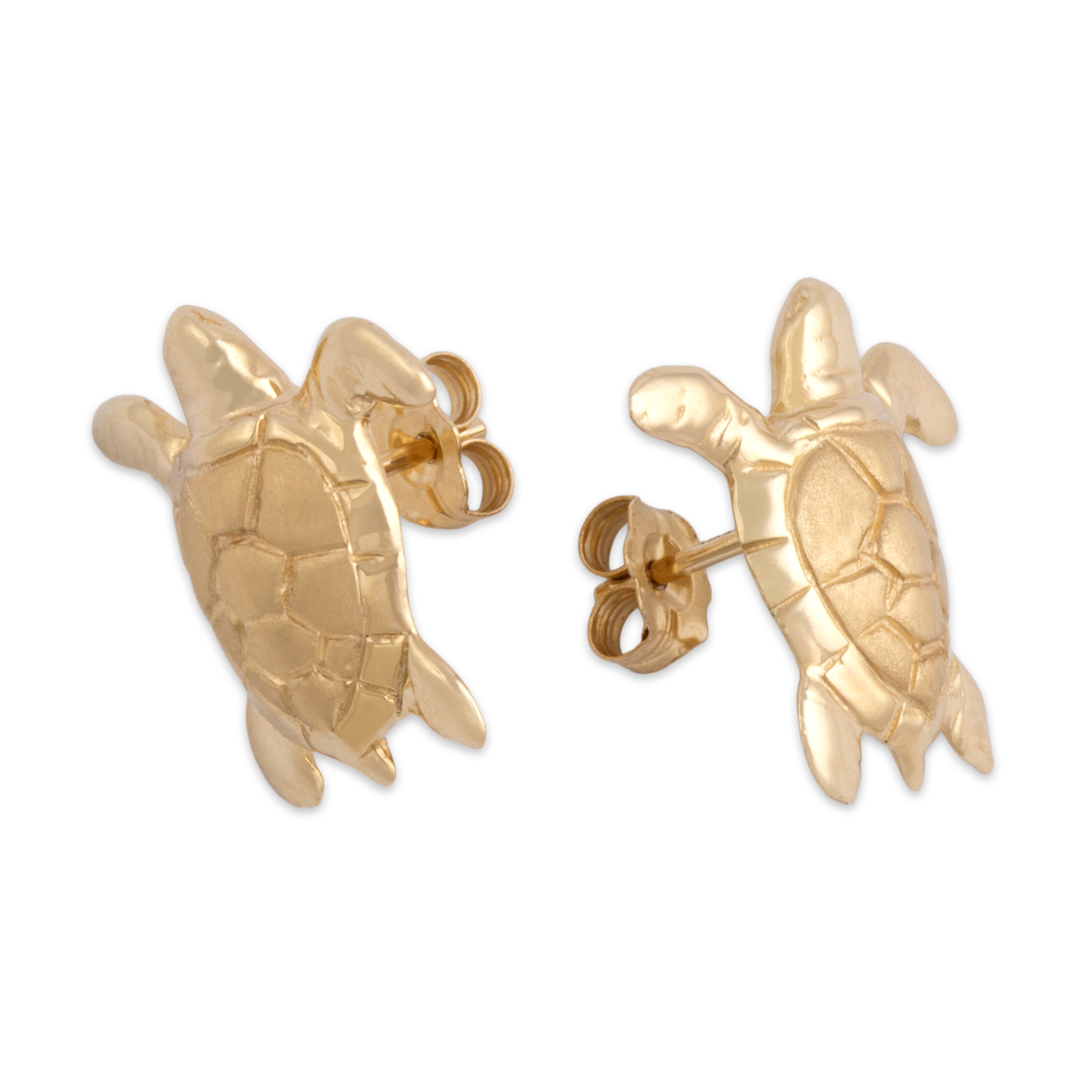 Vintage 14k Yellow Gold Tropical Sea Turtle Stud Earrings - Overall view