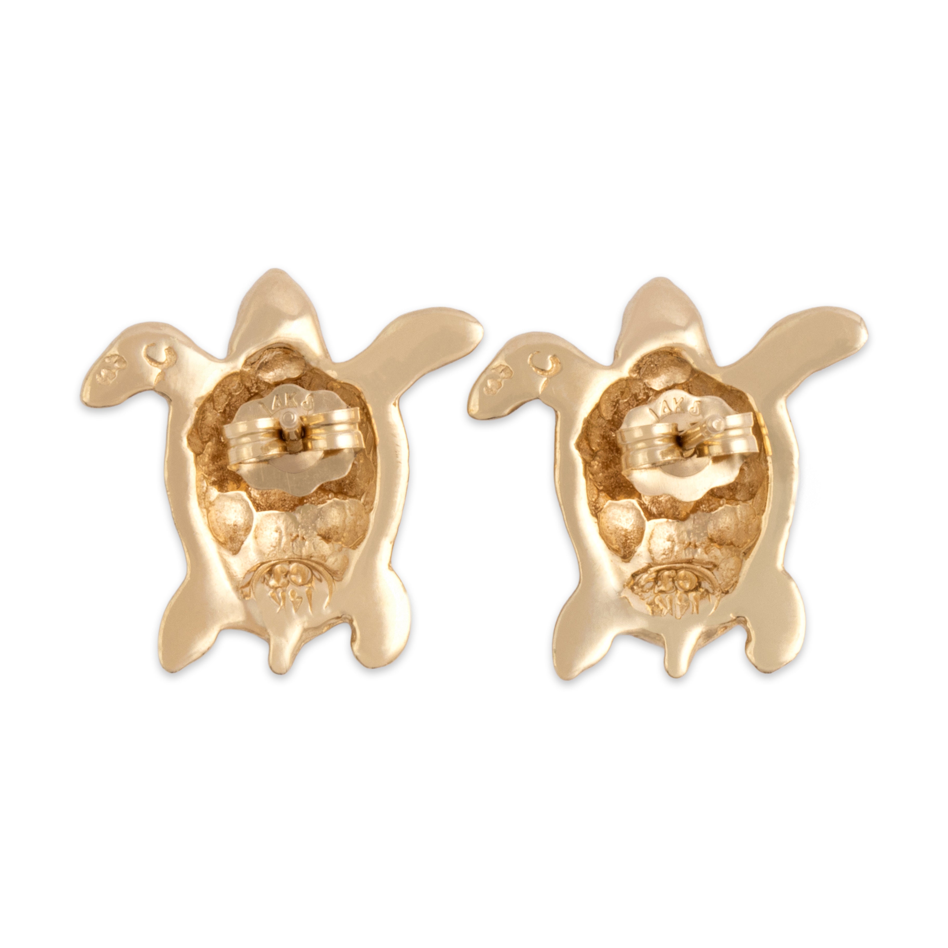 Vintage 14k Yellow Gold Tropical Sea Turtle Stud Earrings - Back view