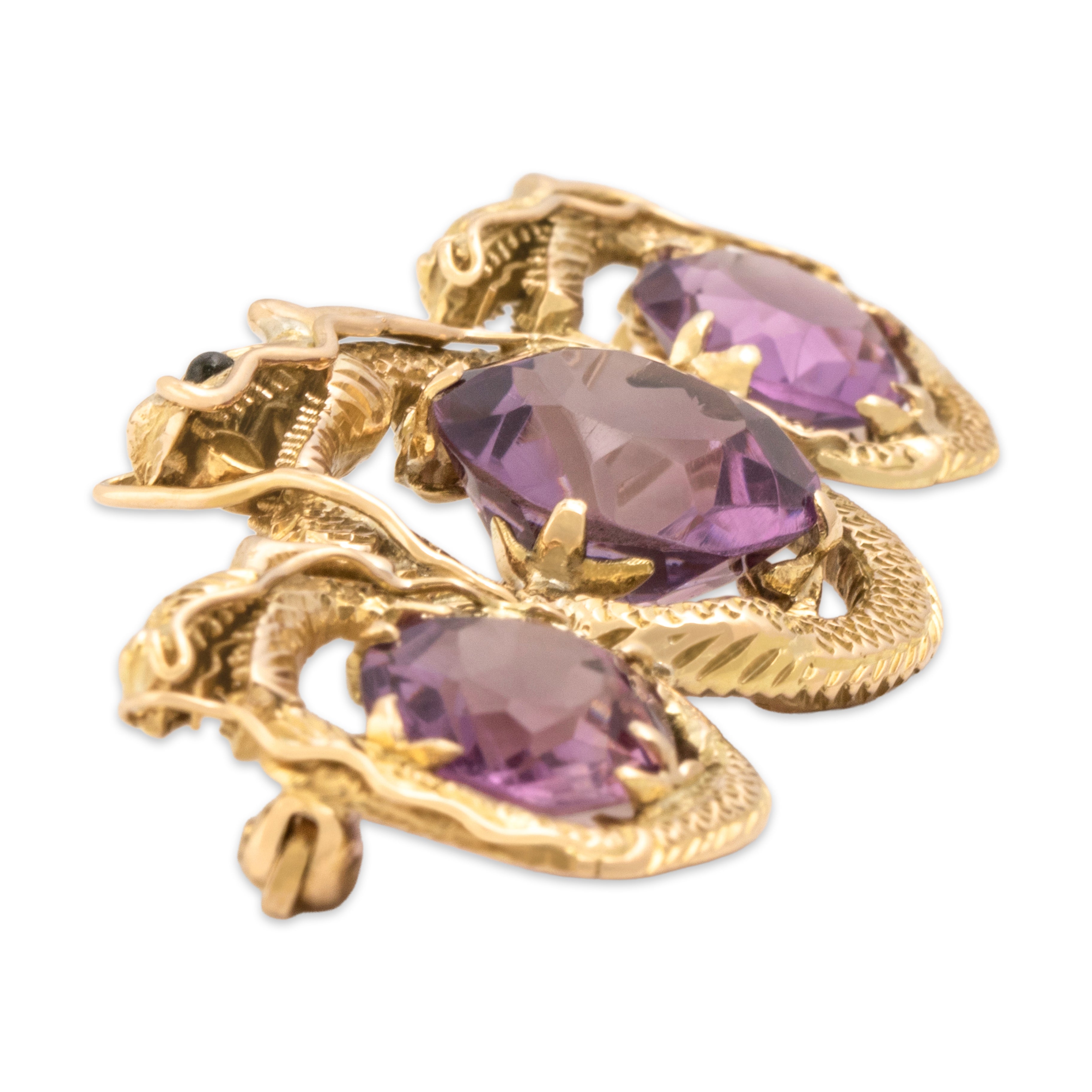 Vintage 14k Yellow Gold 7.73cttw Amethyst Dark Green Jade Detailed Dragon Trio Brooch / Pin - Side view