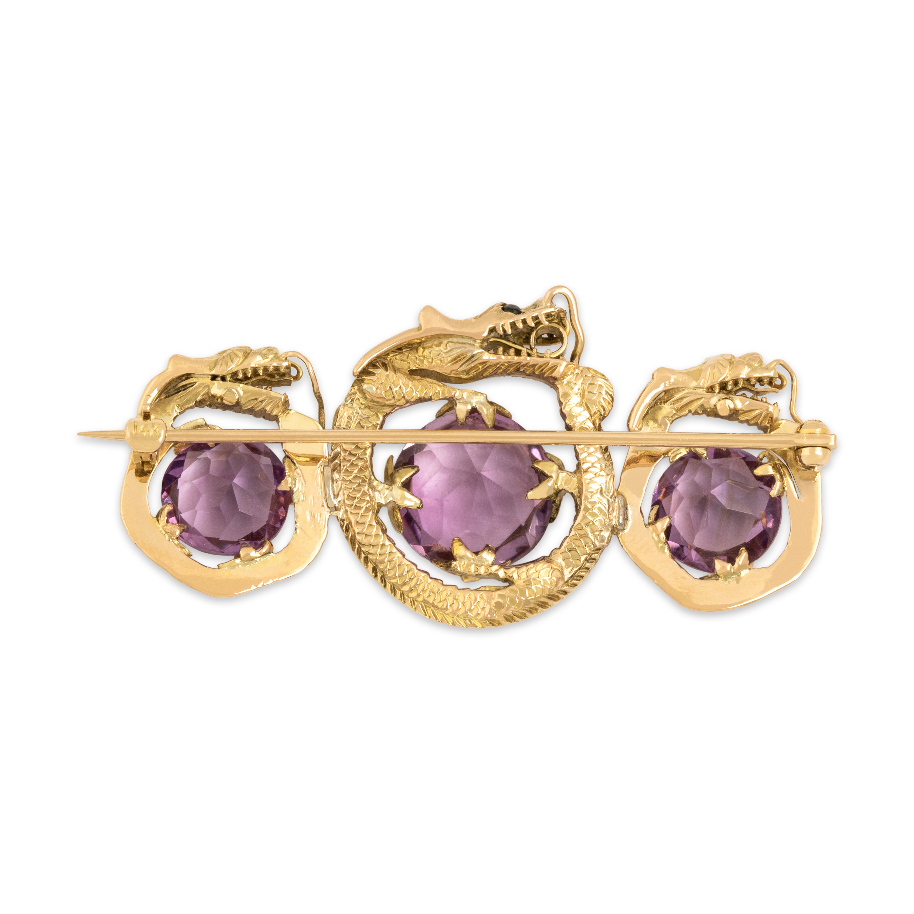 Vintage 14k Yellow Gold 7.73cttw Amethyst Dark Green Jade Detailed Dragon Trio Brooch / Pin - Back view
