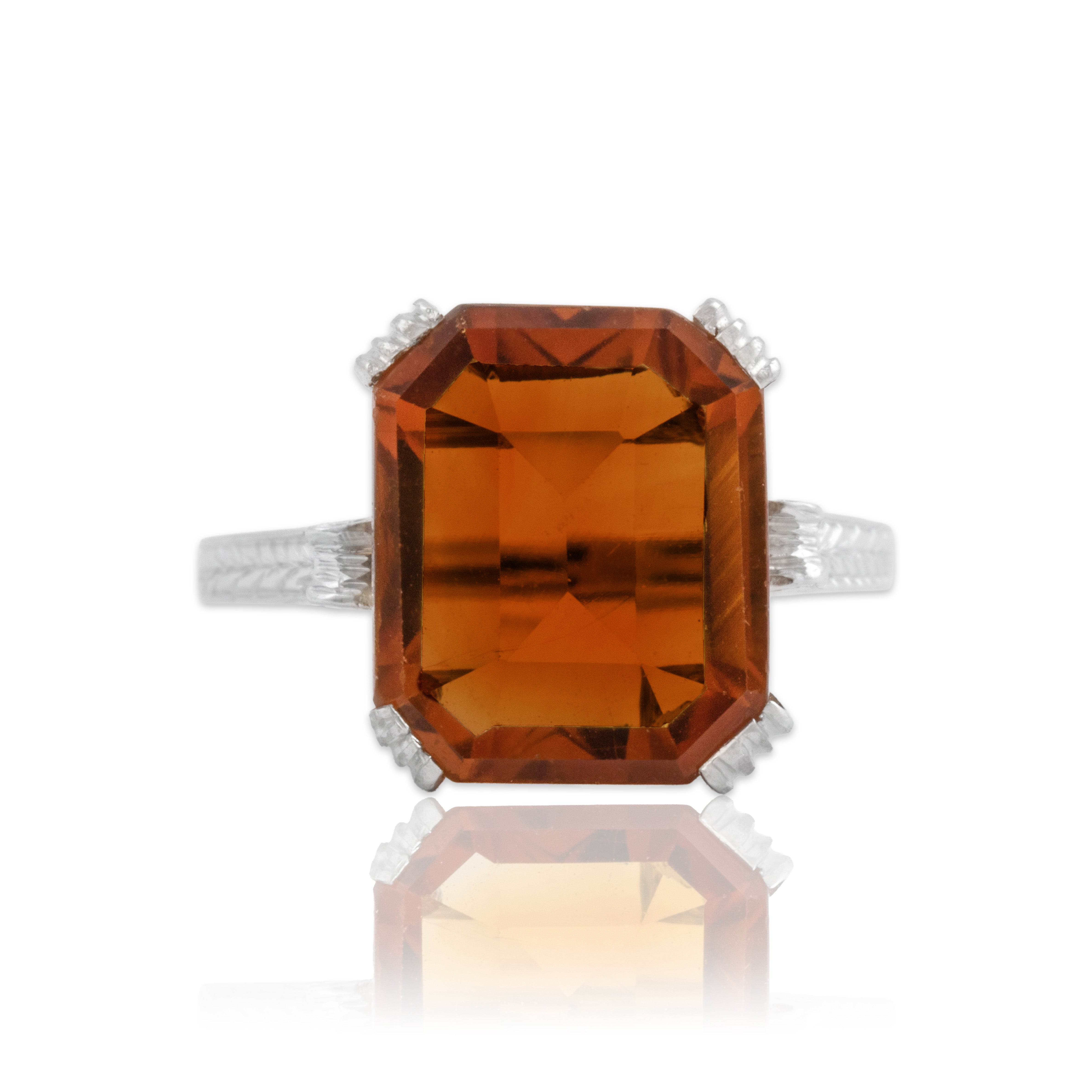 Antique Art Deco 14k White Gold 3.75ct Palmeira Citrine Wonderful Carved Cocktail Ring - Close-up view