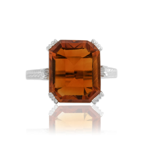 Antique Art Deco 14k White Gold 3.75ct Palmeira Citrine Carved Cocktail Ring 5.50