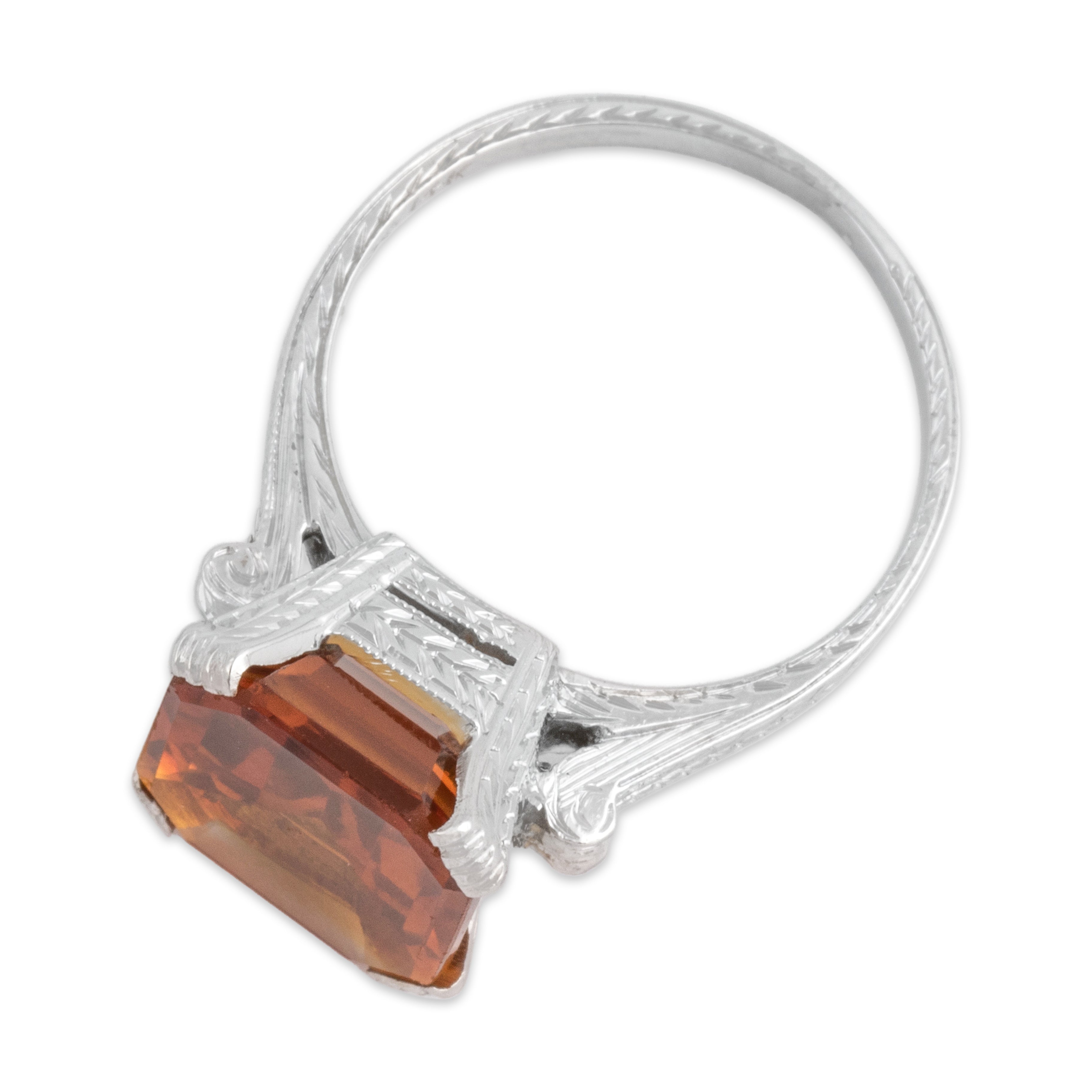 Antique Art Deco 14k White Gold 3.75ct Palmeira Citrine Wonderful Carved Cocktail Ring - Overall view