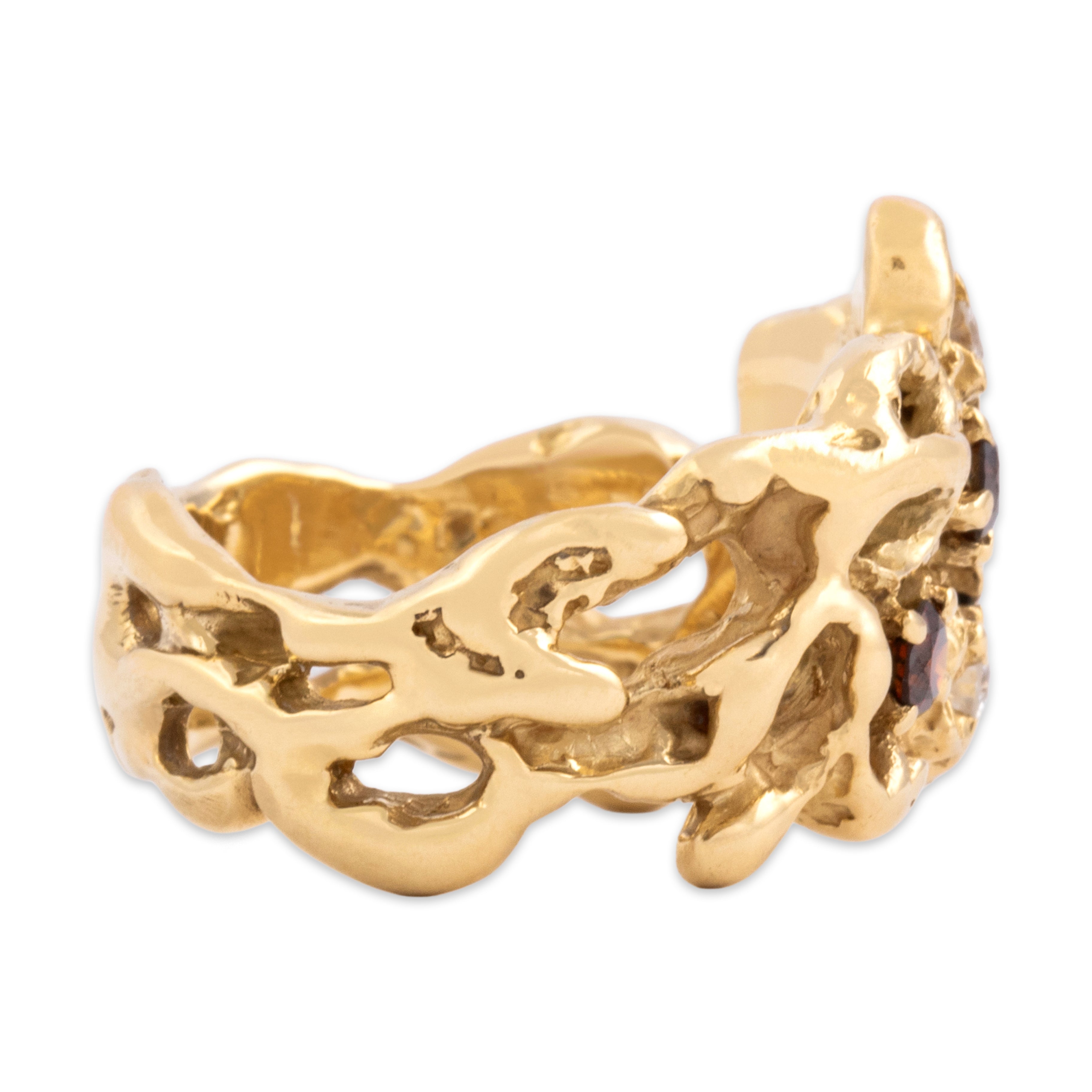 Vintage 18k Yellow Gold .54cttw White Diamond Treated Red Diamond Brutalist Artistic Sculptural Band Ring - Side view