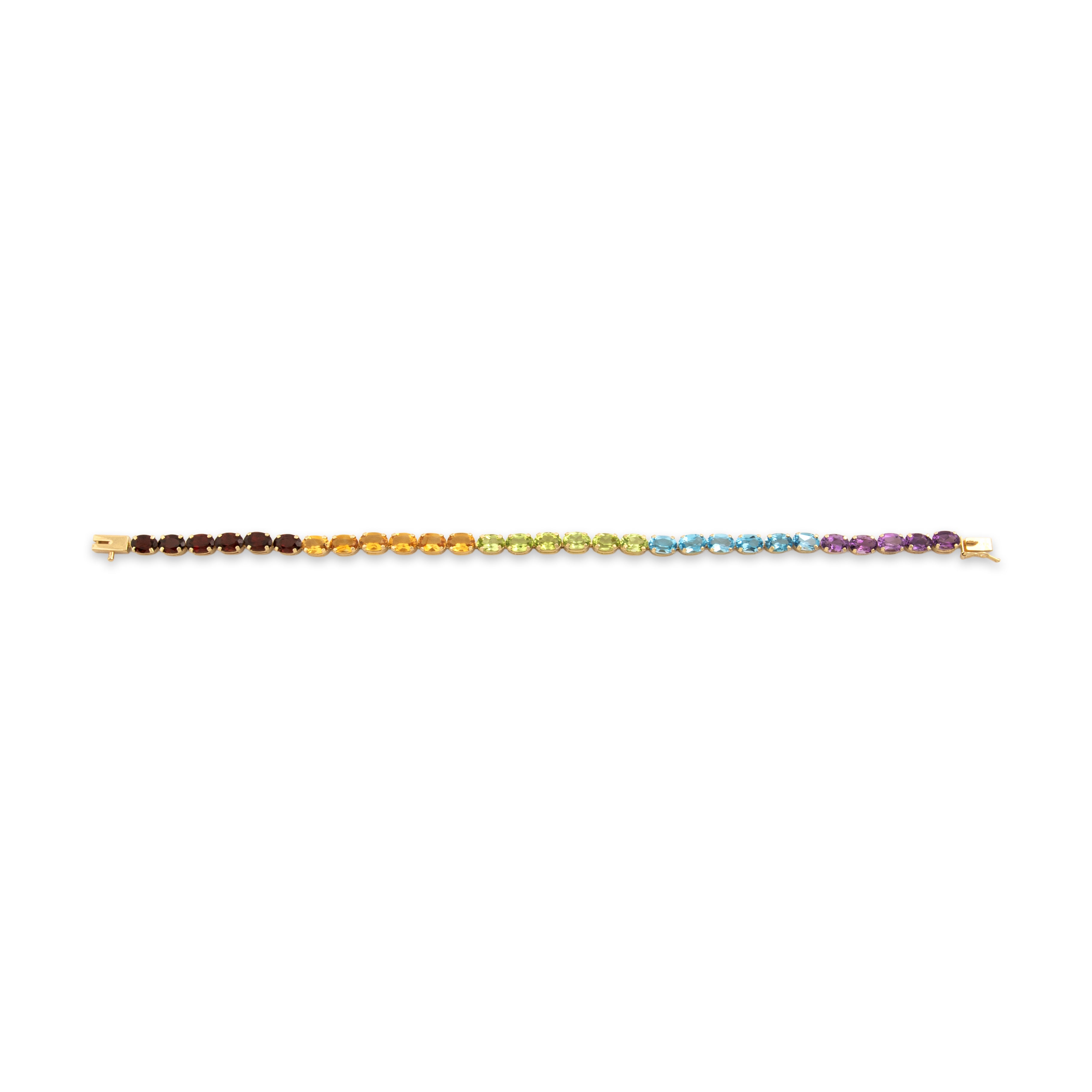 Vintage 14k Yellow Gold 3.34cttw Garnet 2.73cttw Green Peridot 2.66cttw Blue Topaz 2.03cttw Citrine 1.94cttw Amethyst Fantastic Rainbow Oval Line Bracelet - Overall view