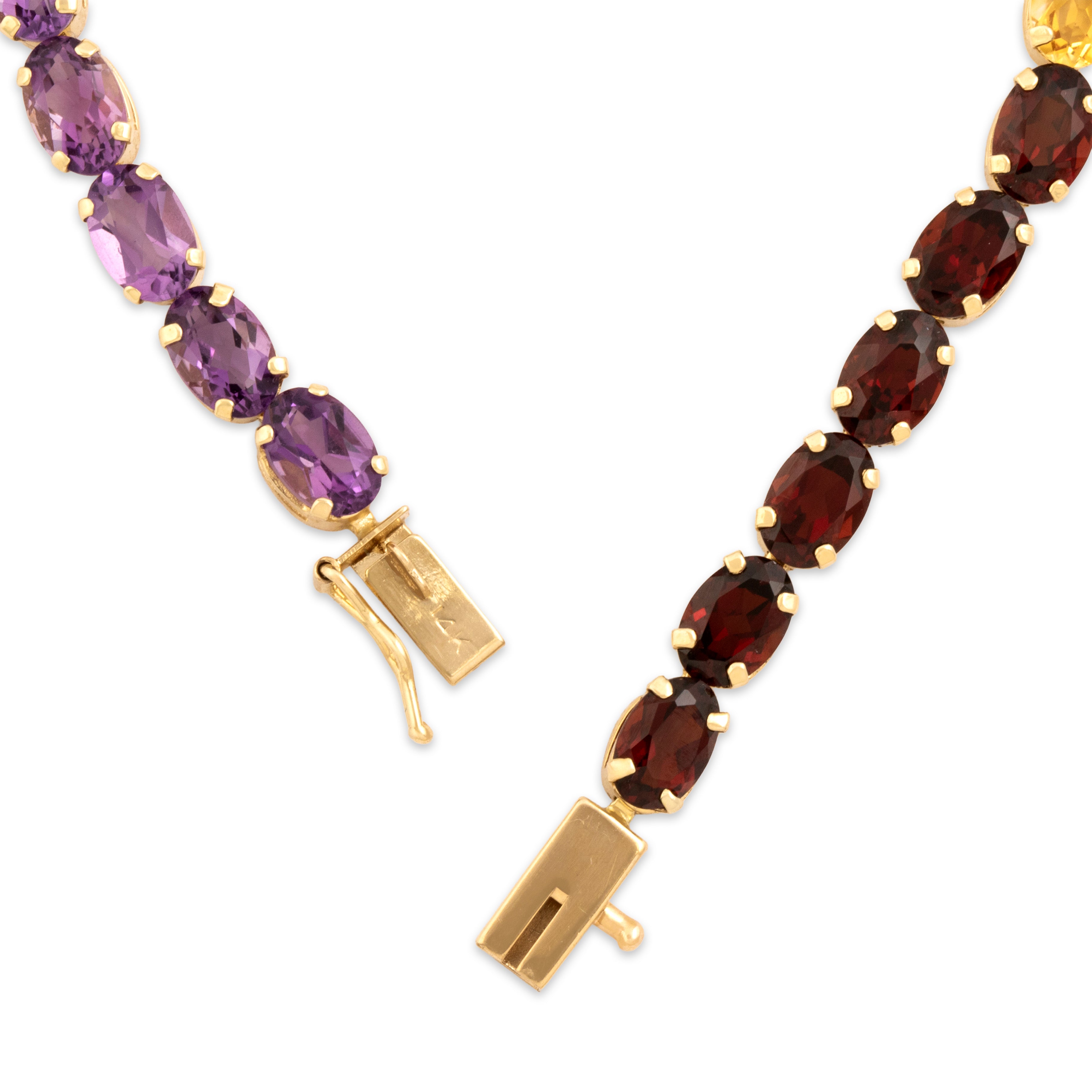 Vintage 14k Yellow Gold 3.34cttw Garnet 2.73cttw Green Peridot 2.66cttw Blue Topaz 2.03cttw Citrine 1.94cttw Amethyst Fantastic Rainbow Oval Line Bracelet - clasp view