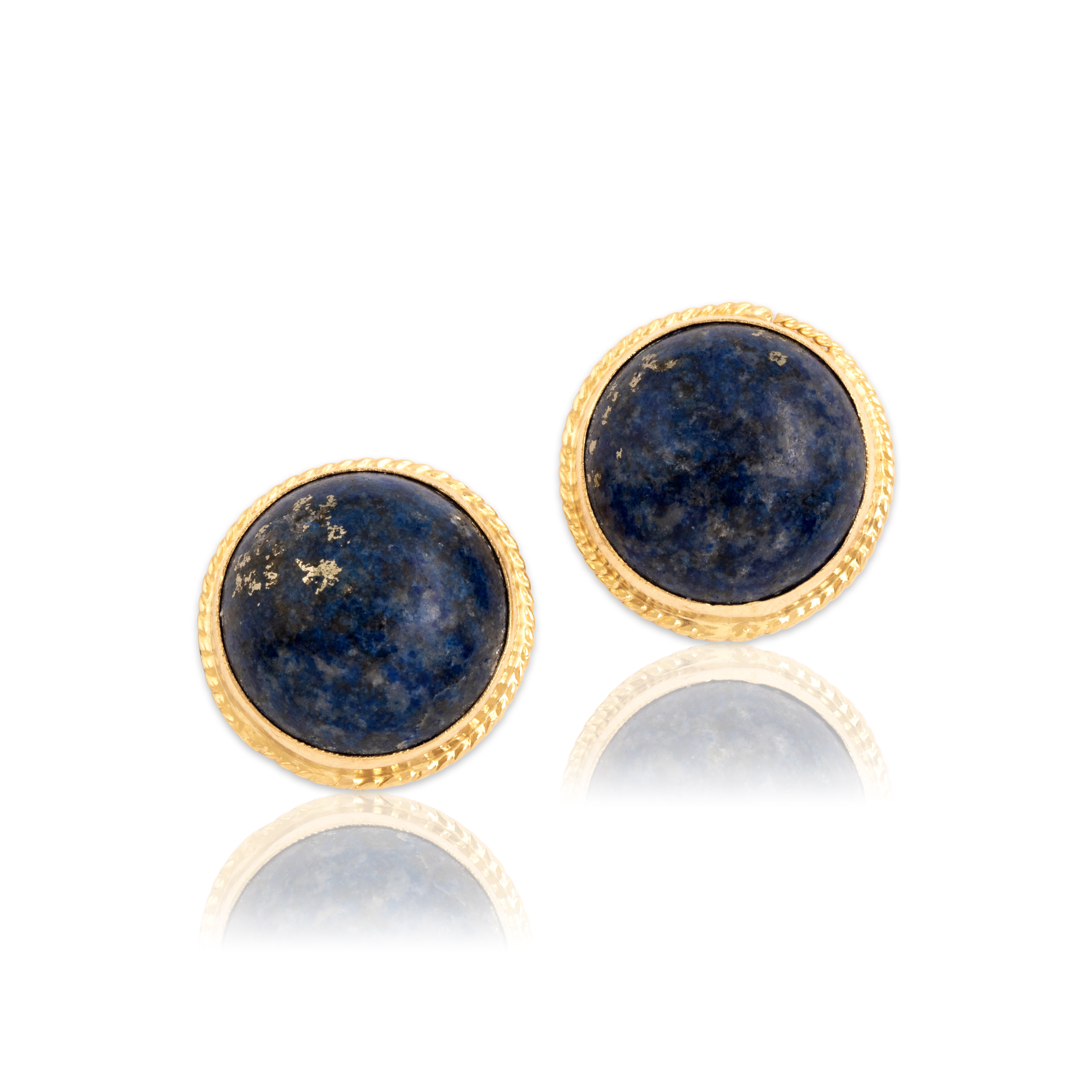 Vintage Large 14k Yellow Gold 22.4cttw Lapis Lazuli Rope Border Globe Stud Earrings - Close-up view