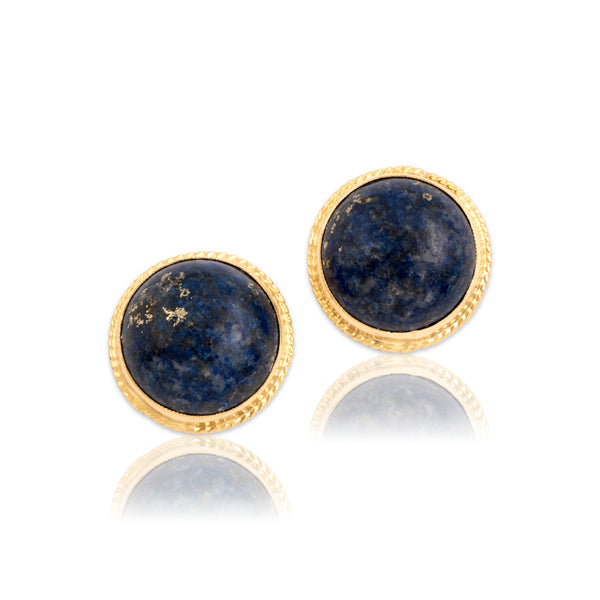 Vintage Large 14k Yellow Gold 22.4cttw Lapis Lazuli Rope Border Globe Stud Earrings