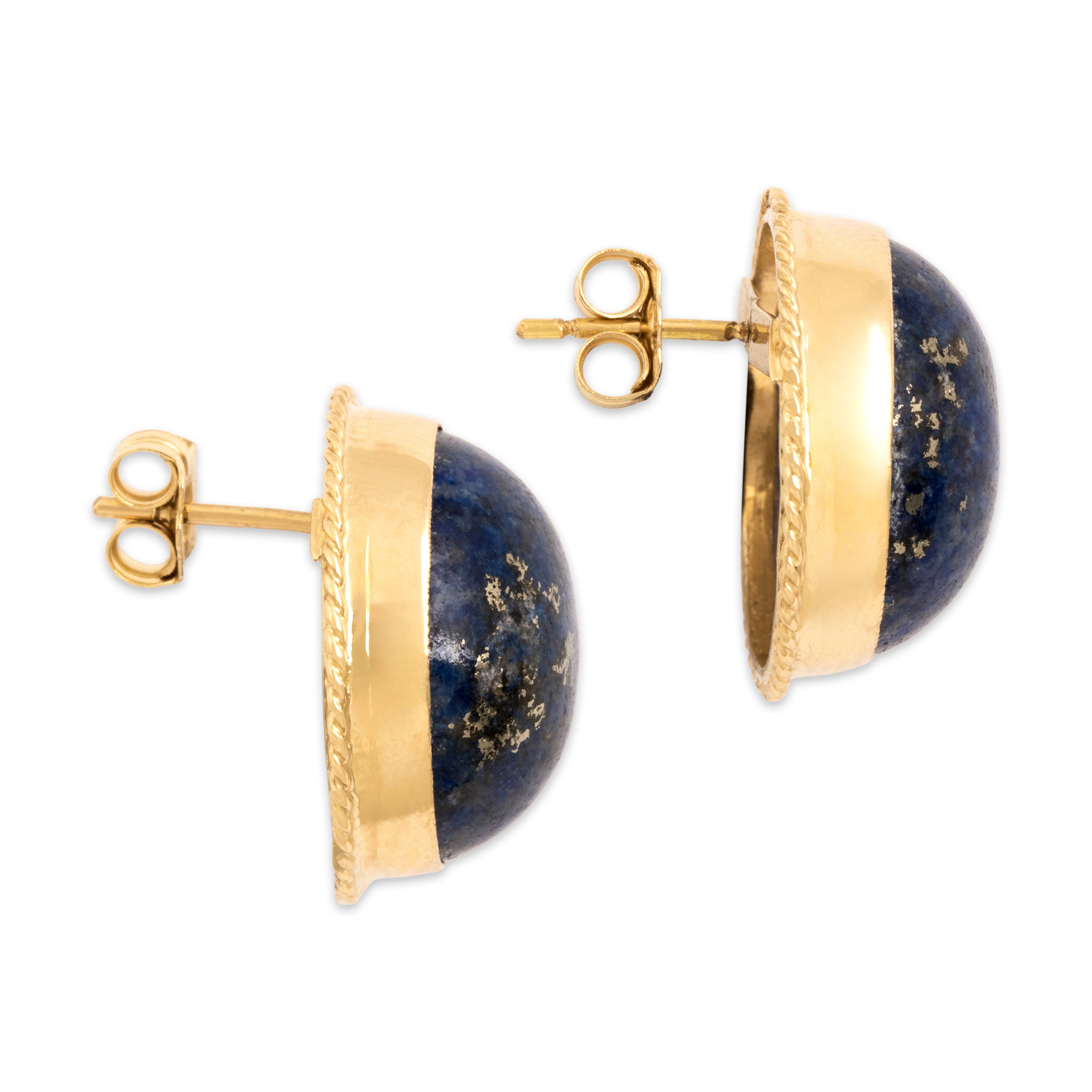 Vintage Large 14k Yellow Gold 22.4cttw Lapis Lazuli Rope Border Globe Stud Earrings - Side view