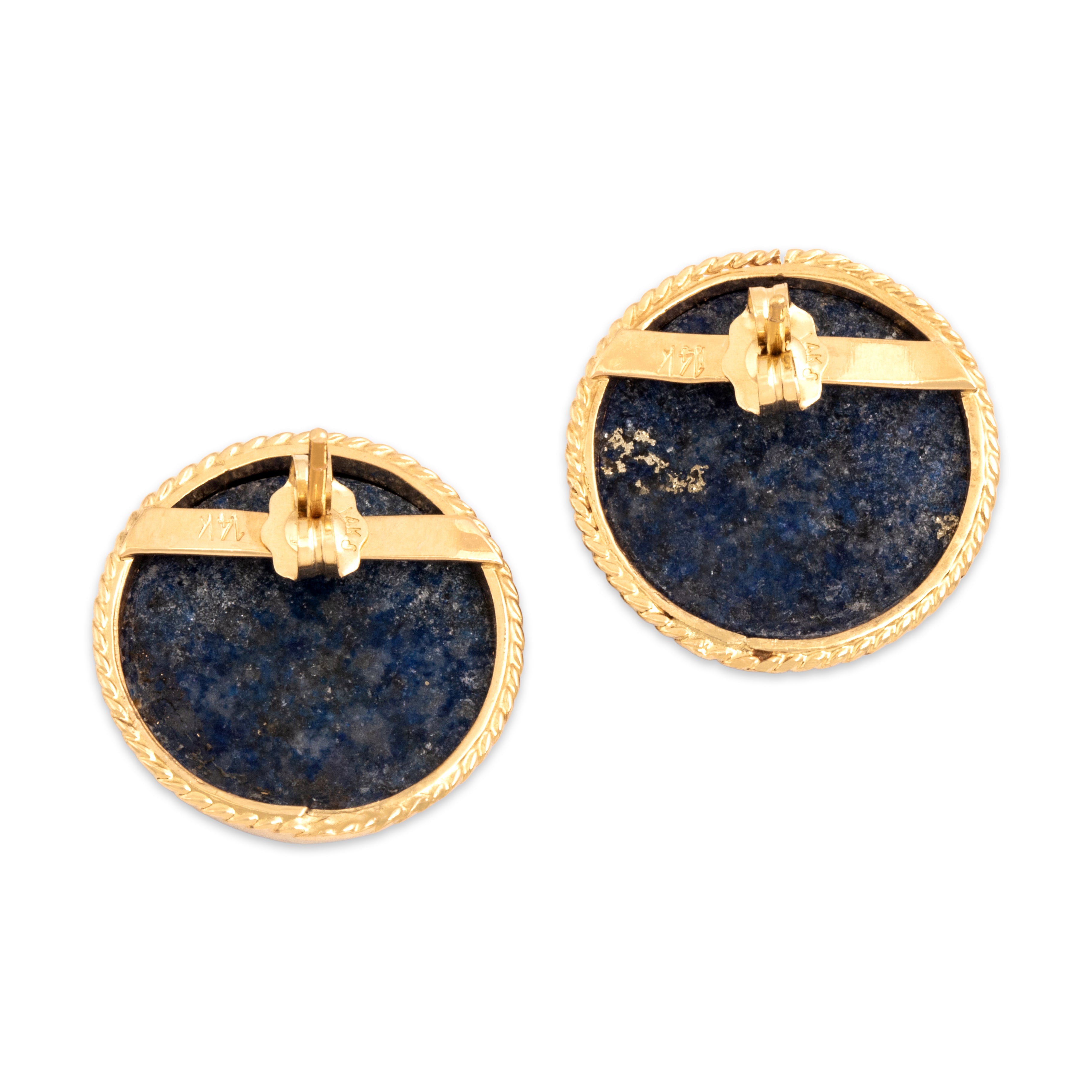 Vintage Large 14k Yellow Gold 22.4cttw Lapis Lazuli Rope Border Globe Stud Earrings - Back view
