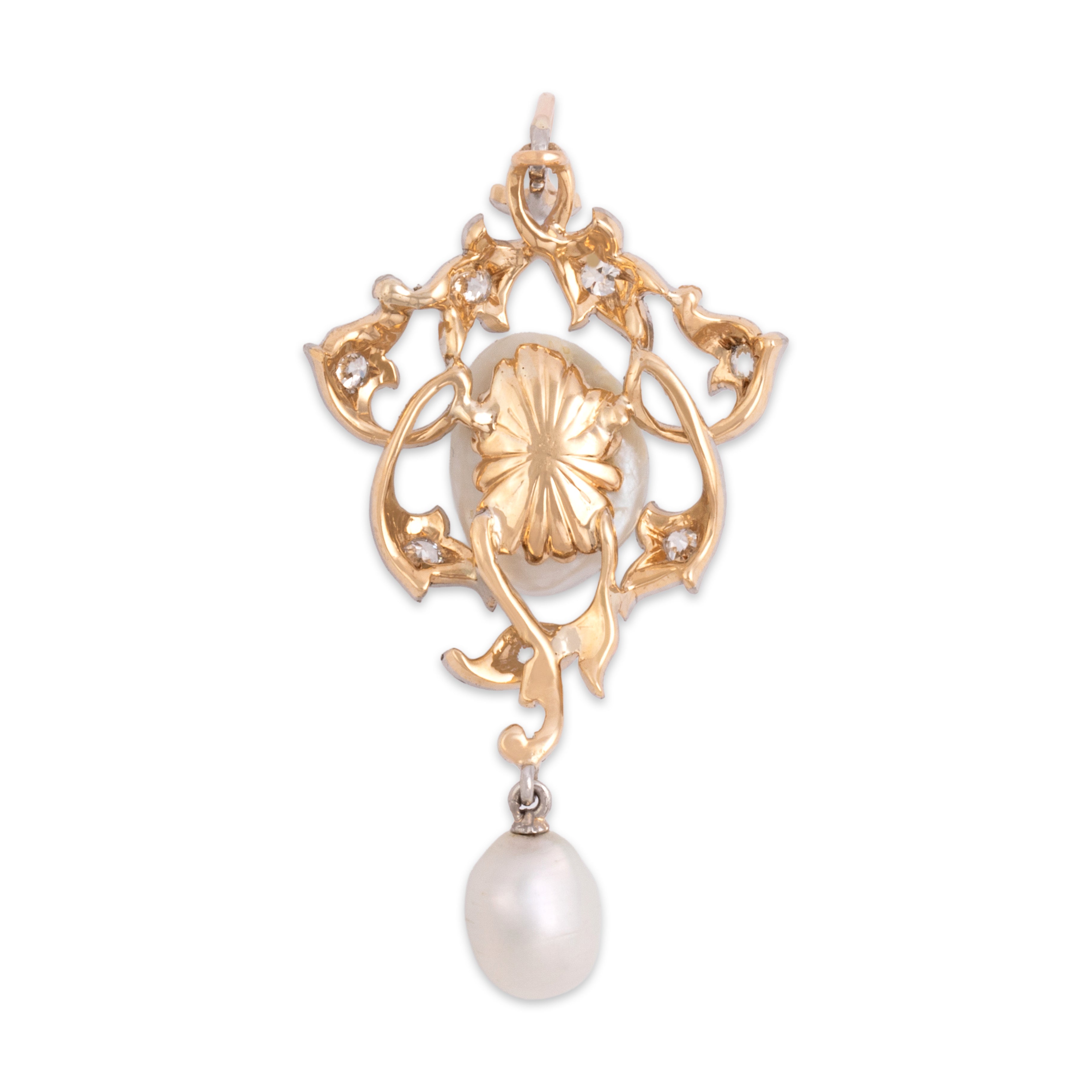Antique Edwardian 14k Yellow Gold & Platinum Old Mine Cut Diamond Baroque Pearl Leafy Lavalier-Style Drop Pendant - Back view