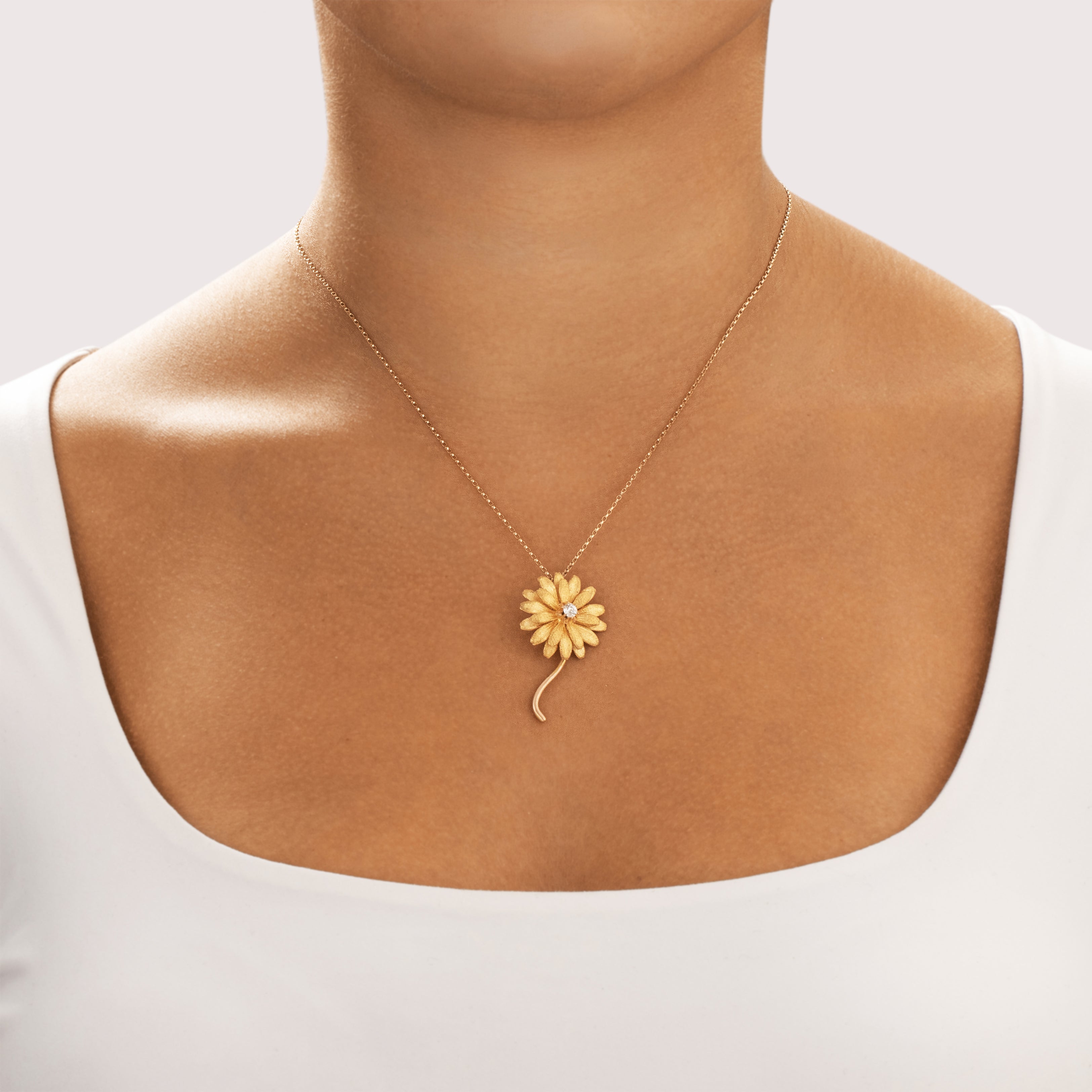 Vintage 22k Yellow Gold Old Mine Cut Diamond Sunny Textured Buttercup Sunflower Pendant - On model view