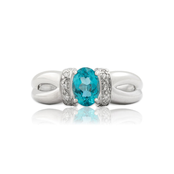 Vintage 14k White Gold .76ct Blue Apatite Diamond Sleek Split Shoulder Ring 7.00