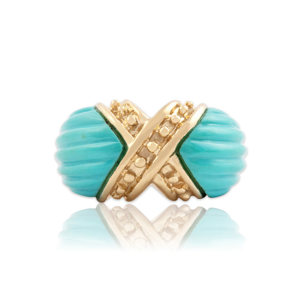 Vintage 14k Yellow Gold Turquoise Ribbed Shoulder X Accent Band Ring 6.25