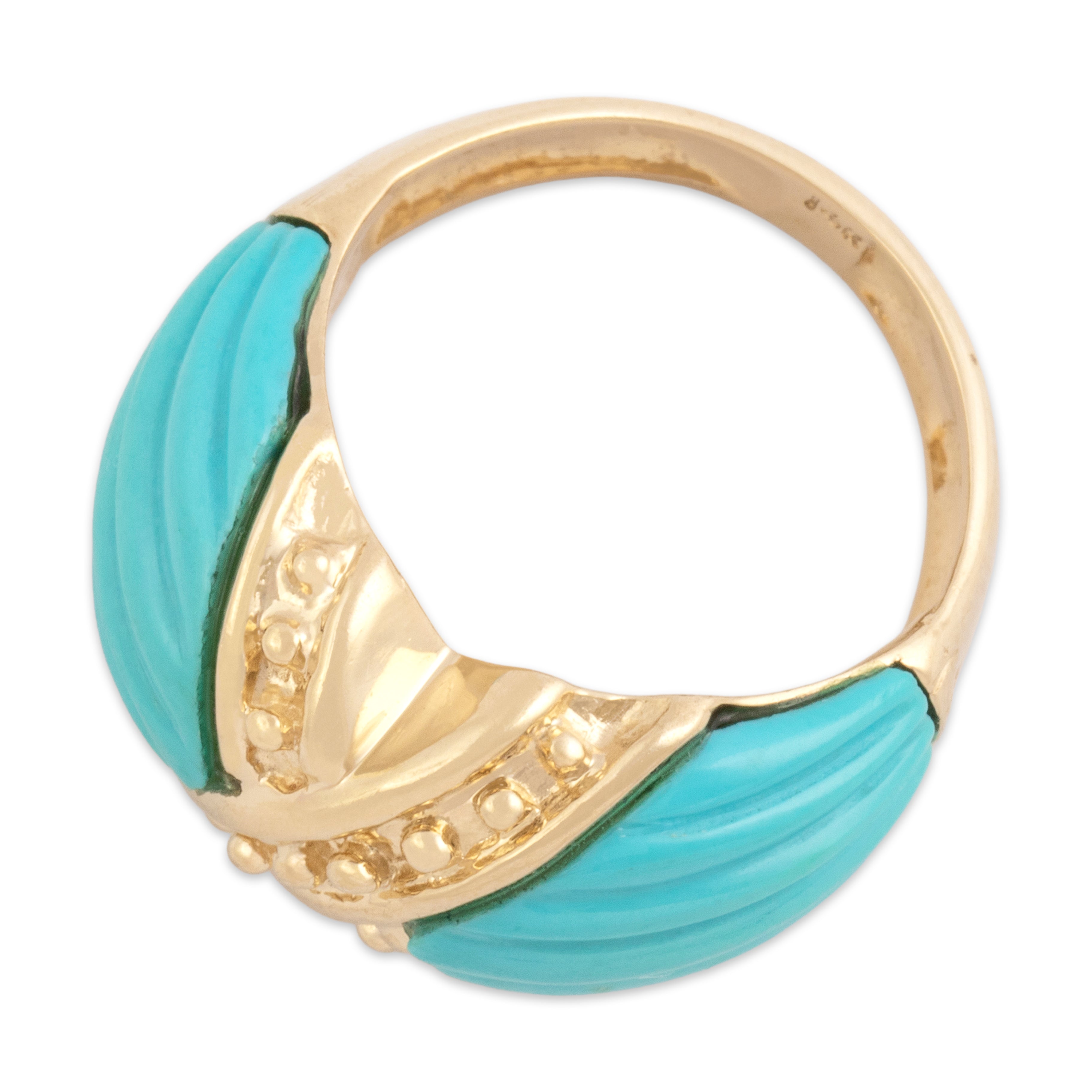 Vintage 14k Yellow Gold Turquoise Chunky Ribbed Shoulder X Accent Band Ring - Overall view