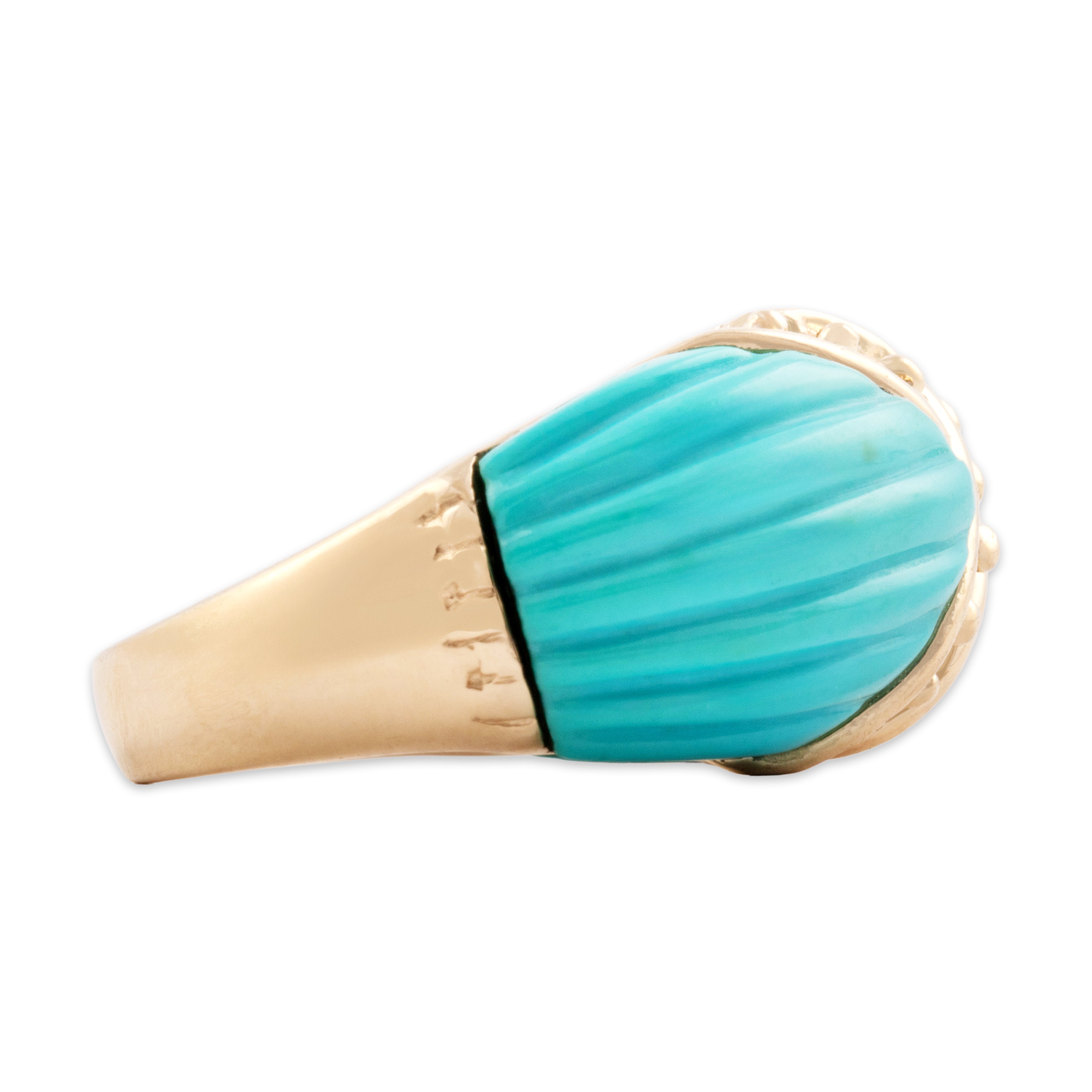 Vintage 14k Yellow Gold Turquoise Chunky Ribbed Shoulder X Accent Band Ring - Side view