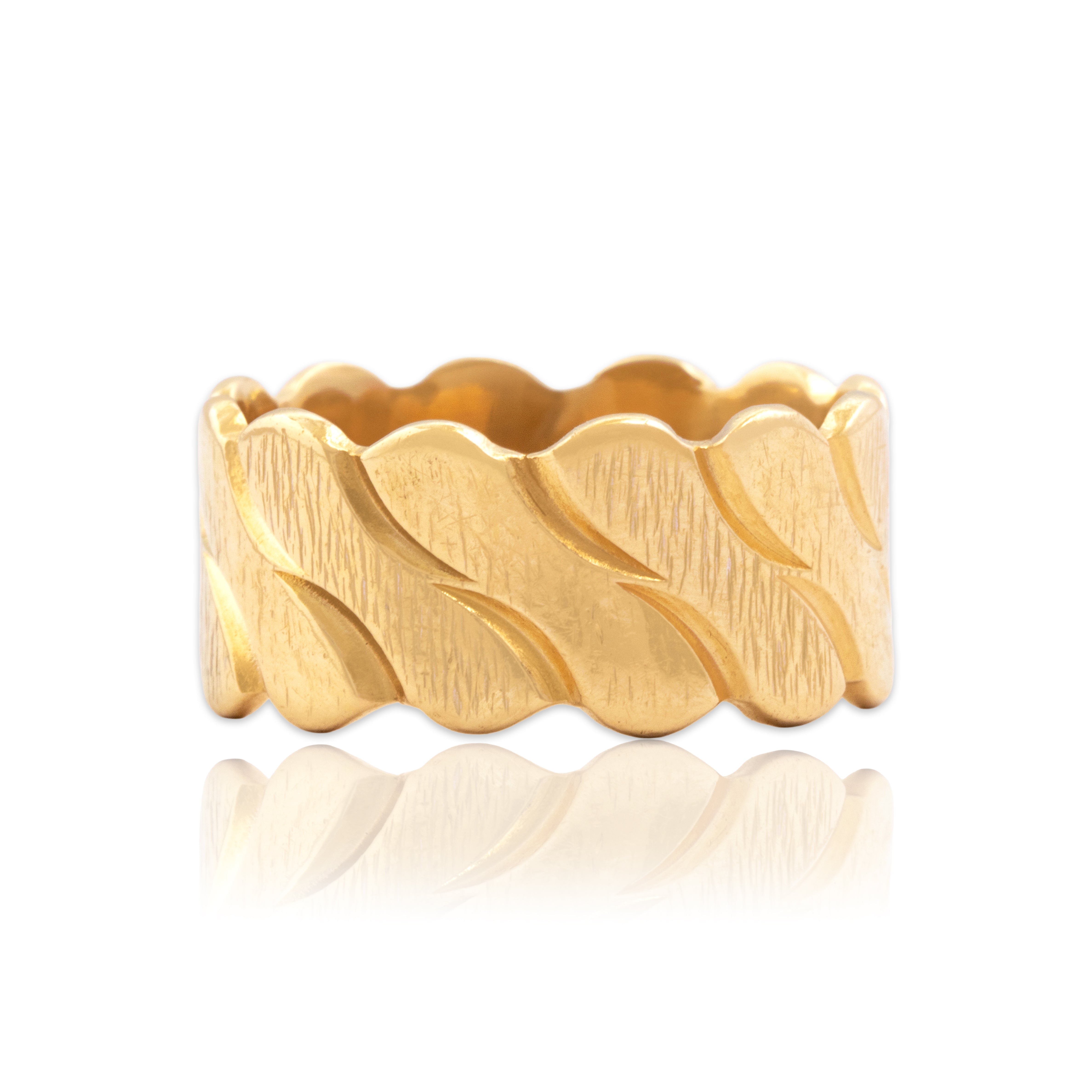 Vintage 14k Yellow & White Gold Scalloped Organic Textured Wave Band Ring - Close-up view