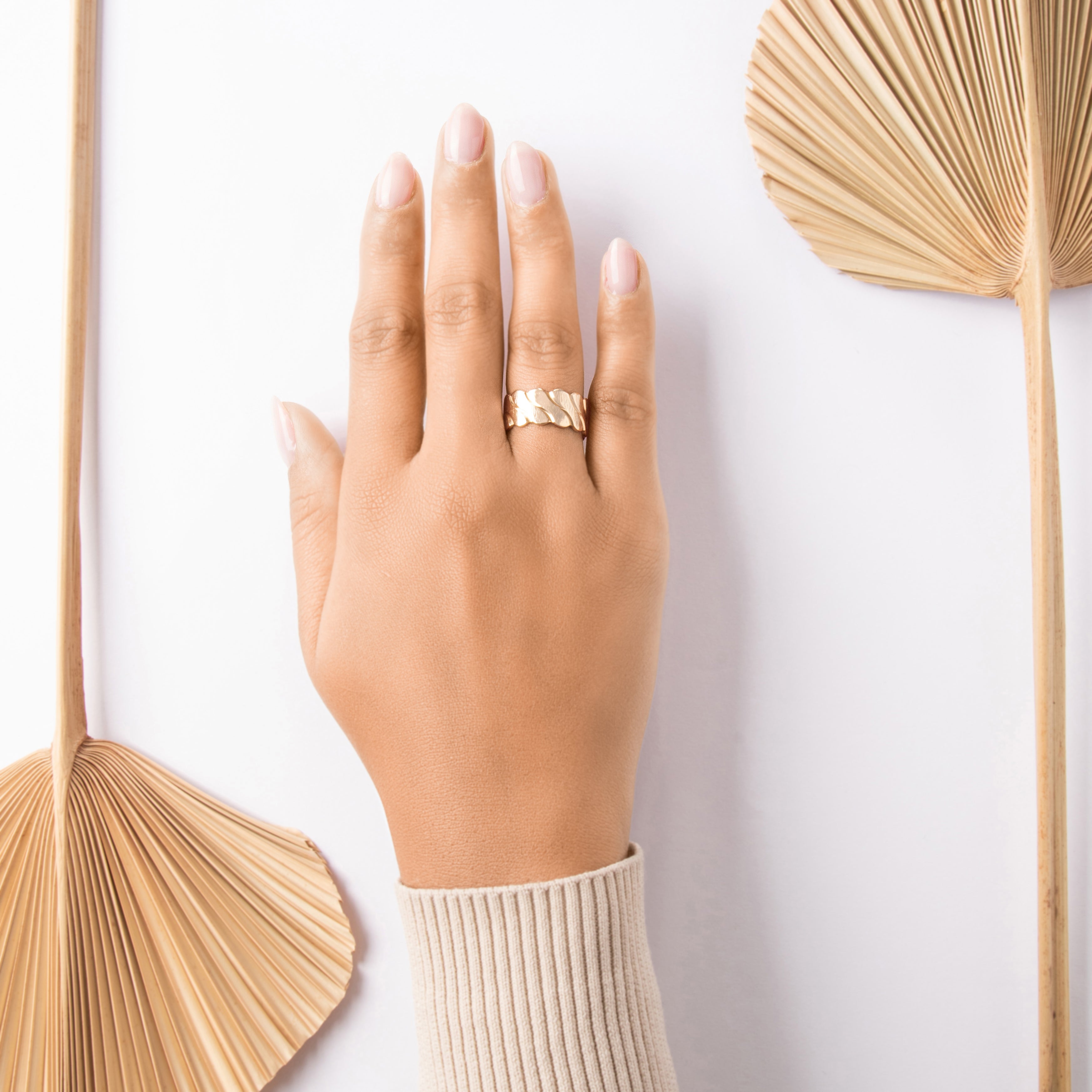 Vintage 14k Yellow & White Gold Scalloped Organic Textured Wave Band Ring - On model view