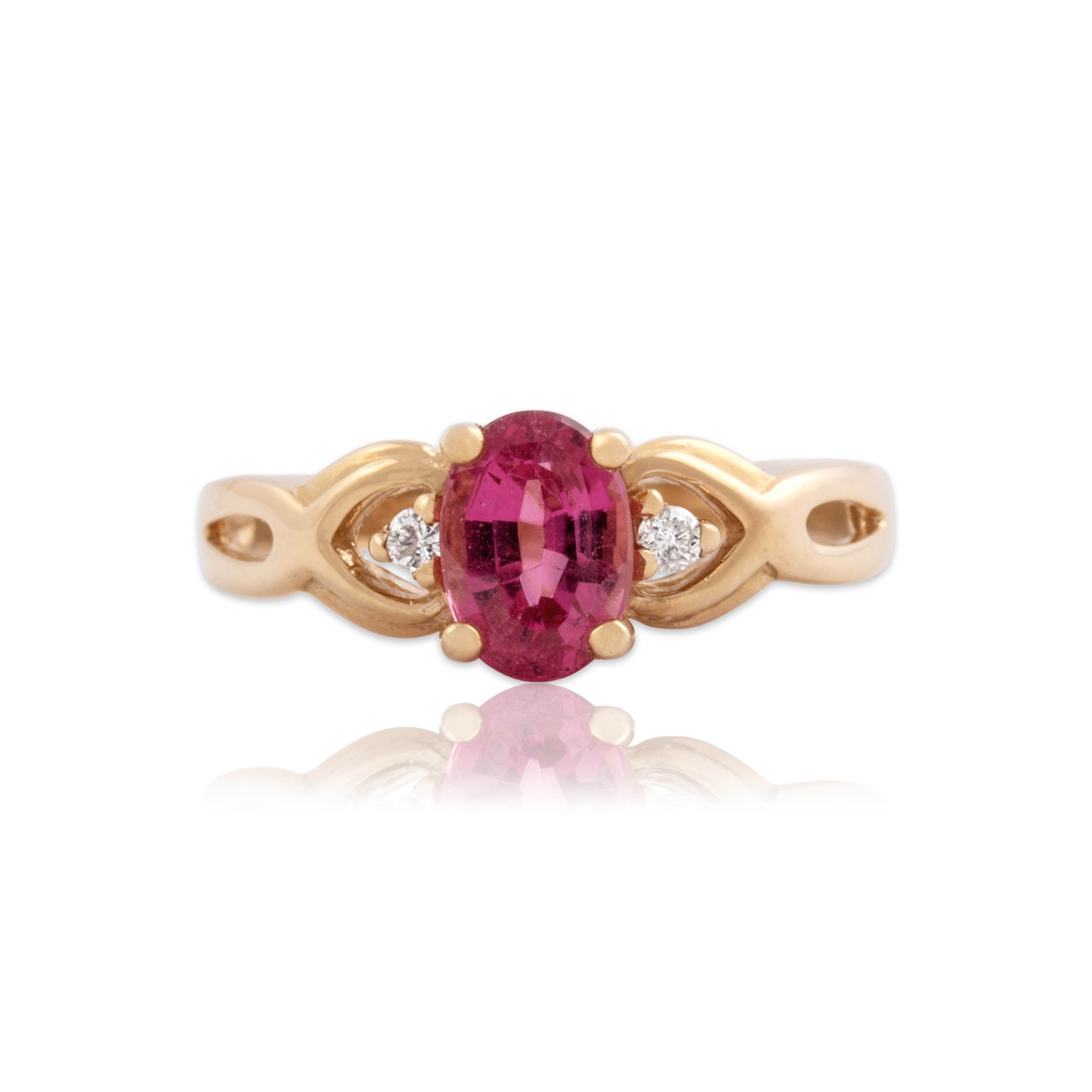 Vintage 14k Yellow Gold 1.19ct Pink Tourmaline Diamond Trio Ring 7.75