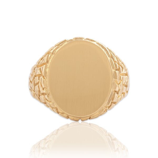 Vintage 14k Yellow Gold Abstract Carved Geometric Brushed Oval Signet Ring 8.75