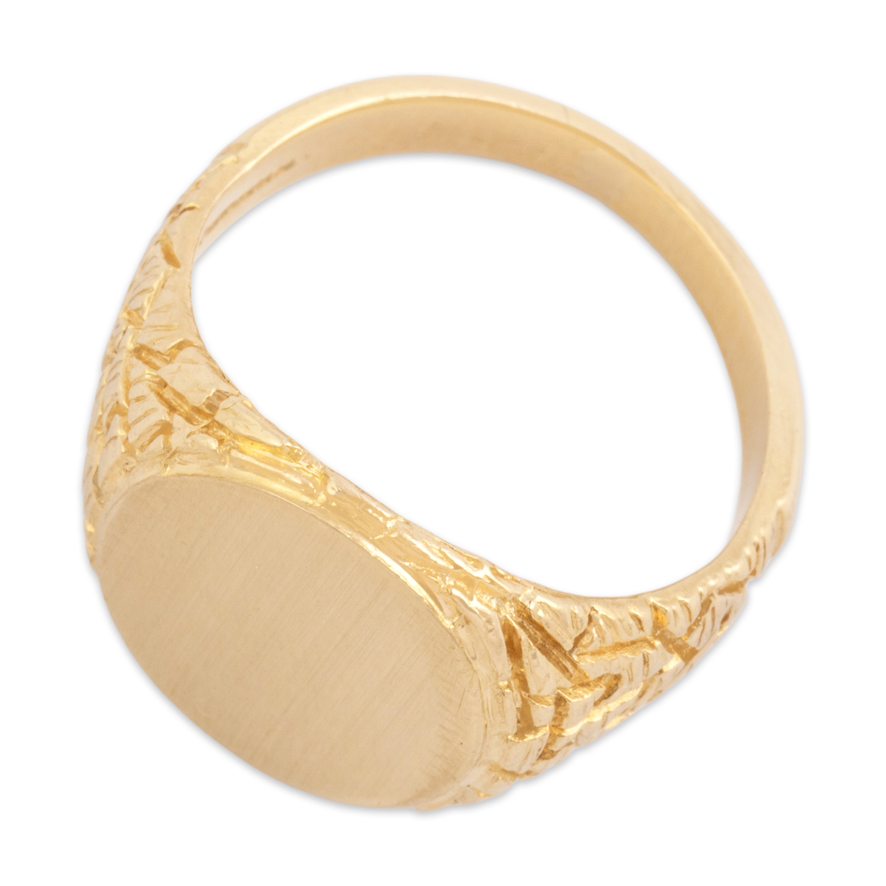 Vintage 14k Yellow Gold Abstract Carved Geometric Brushed Oval Signet Ring - Overall view