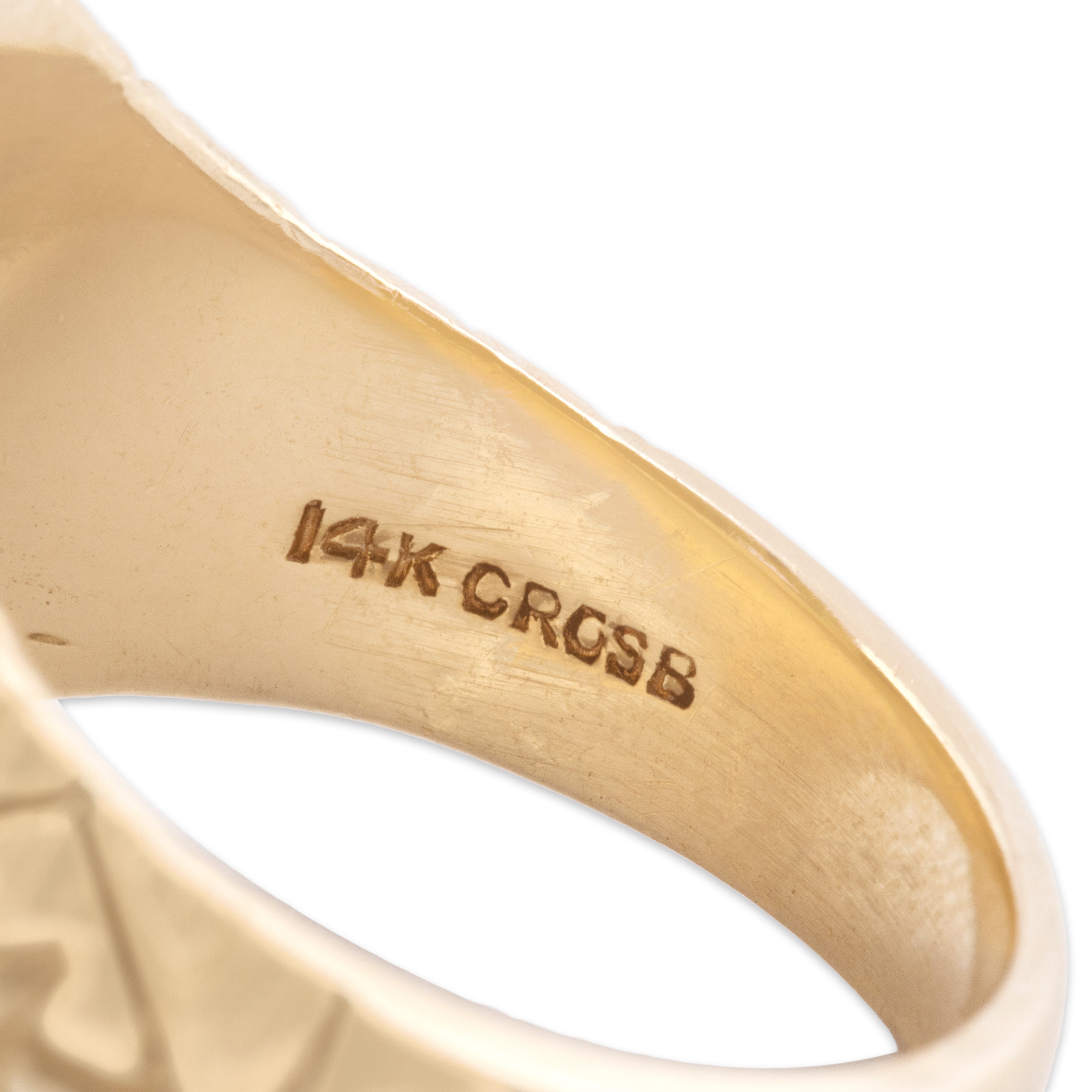 Vintage 14k Yellow Gold Abstract Carved Geometric Brushed Oval Signet Ring - Hallmark view