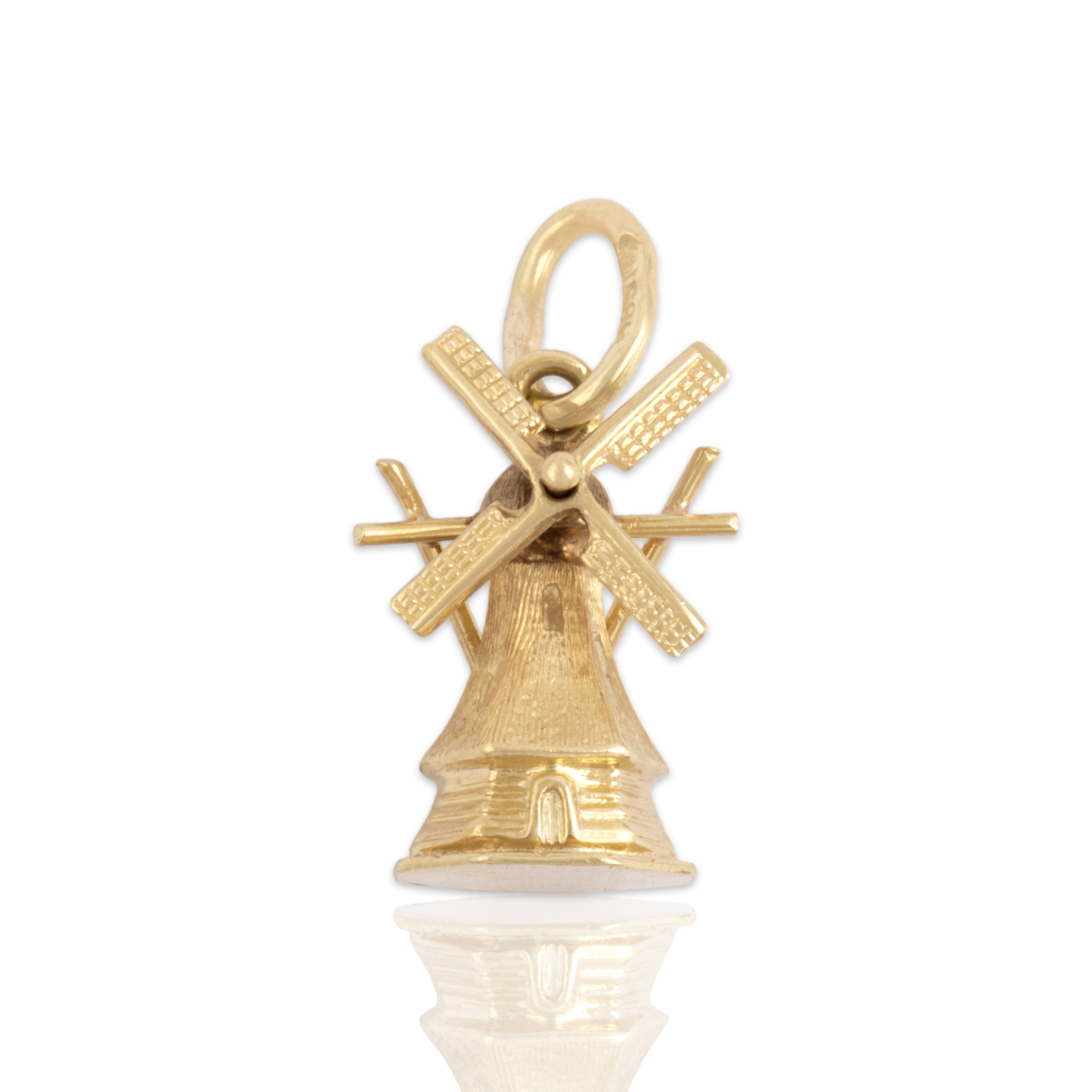 Vintage 14k Yellow Gold Articulating Peaceful Windmill Charm / Pendant - Close-up view