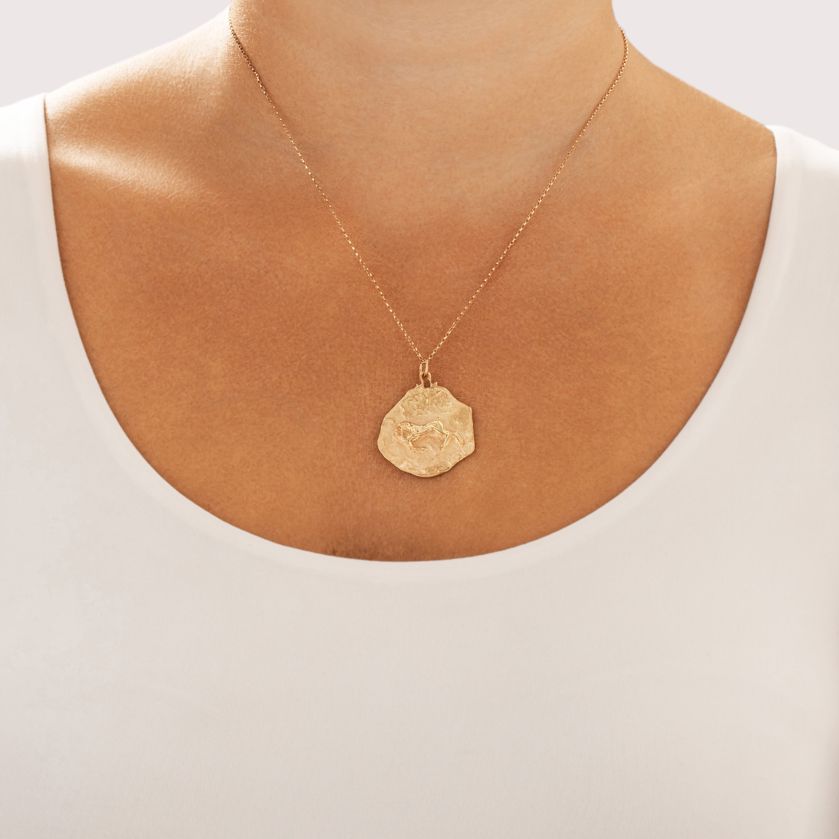 Vintage Large 14k Yellow Gold Aries Zodiac Ram Artistic Naturalistic Medallion Pendant - On model view