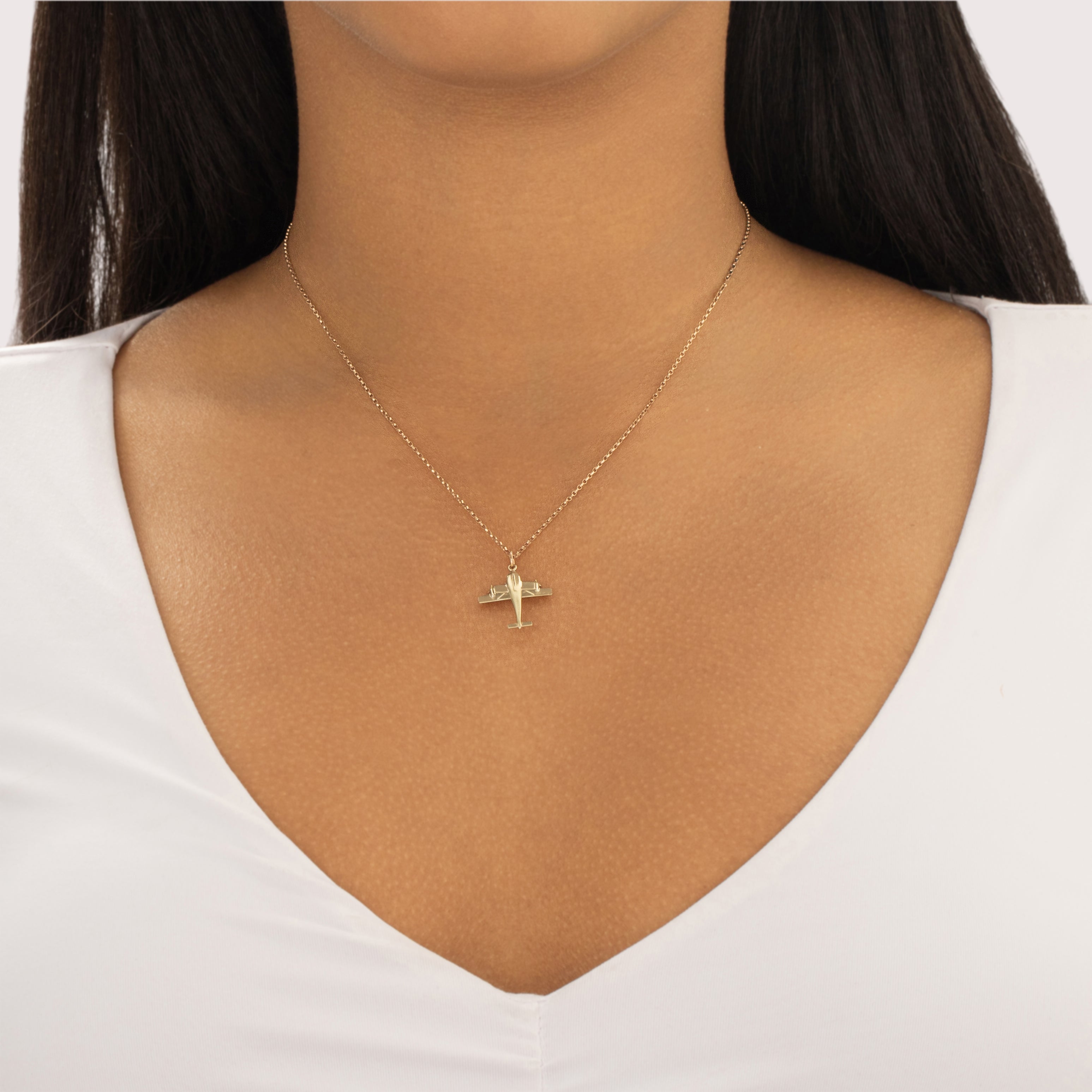 Vintage 14k Yellow Gold Articulating Propeller Airplane Charm / Pendant - On model view