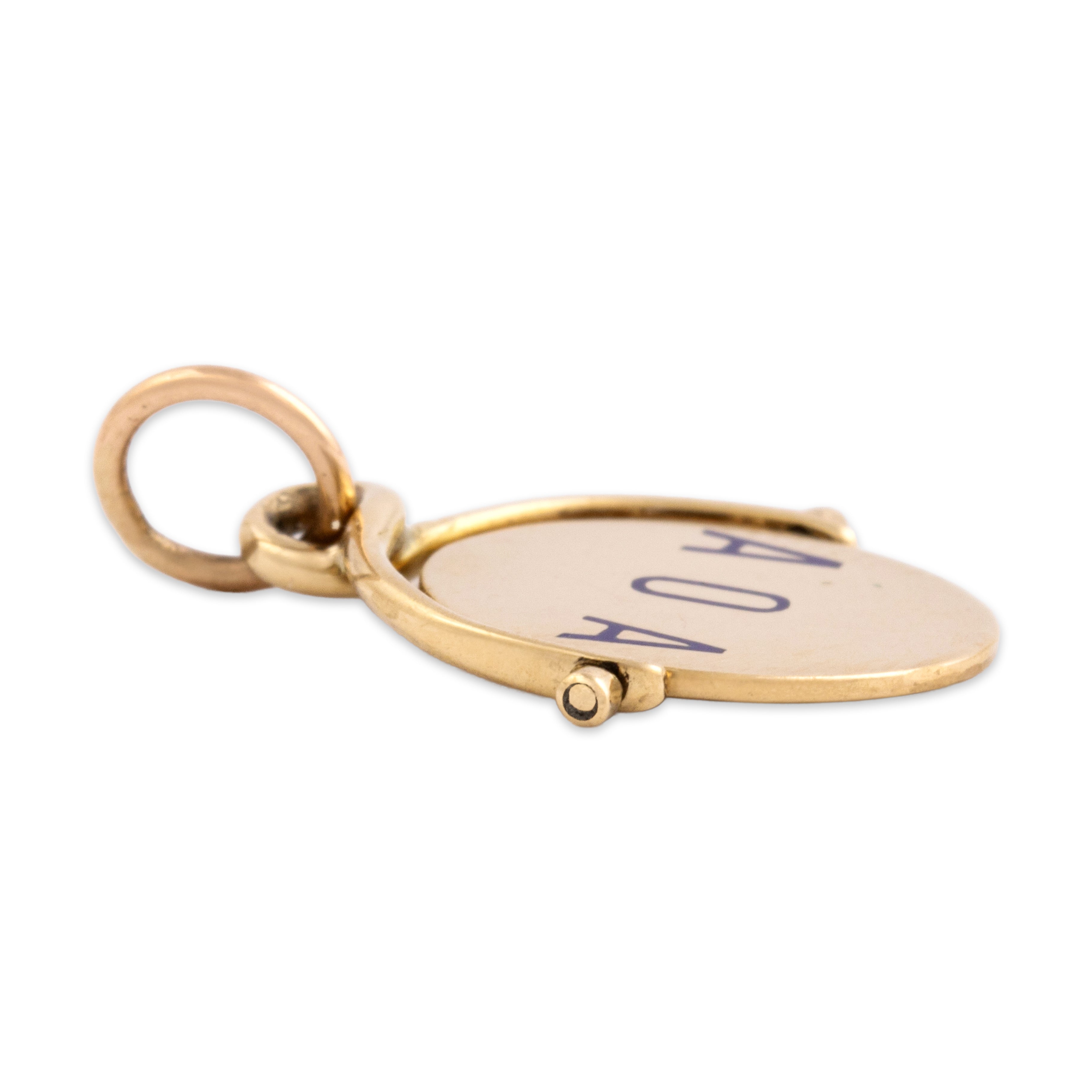 Estate 14k Yellow Gold Flipping Blue Enamel Initial Charm / Pendant - Side view