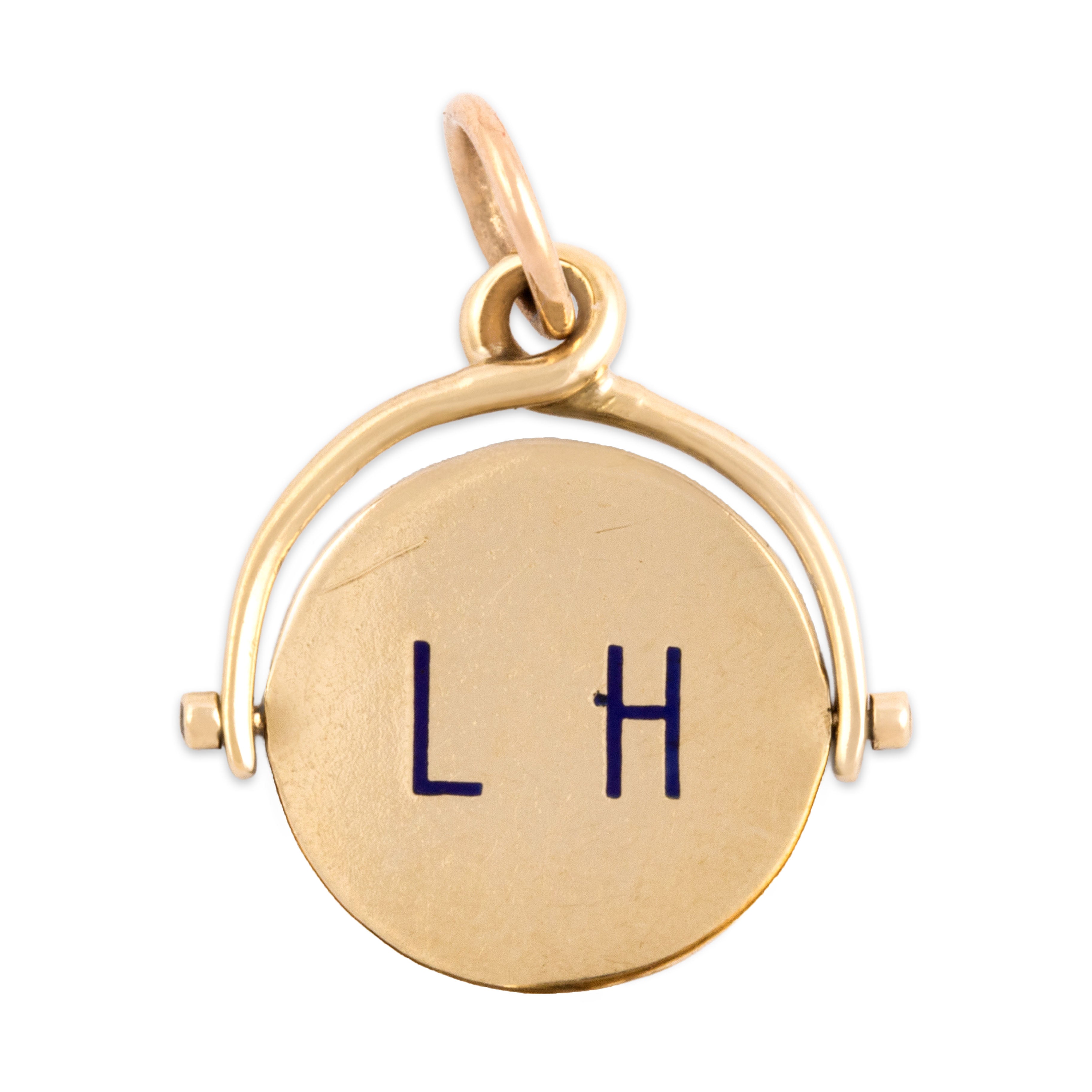Estate 14k Yellow Gold Flipping Blue Enamel ALOHA Charm / Pendant
