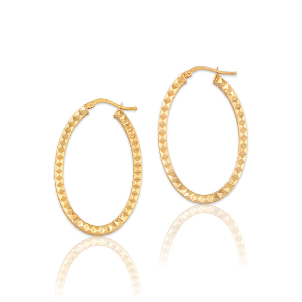 Vintage Italian 14k Yellow Gold Oval Diamond Cut Pyramid Hoop Earrings
