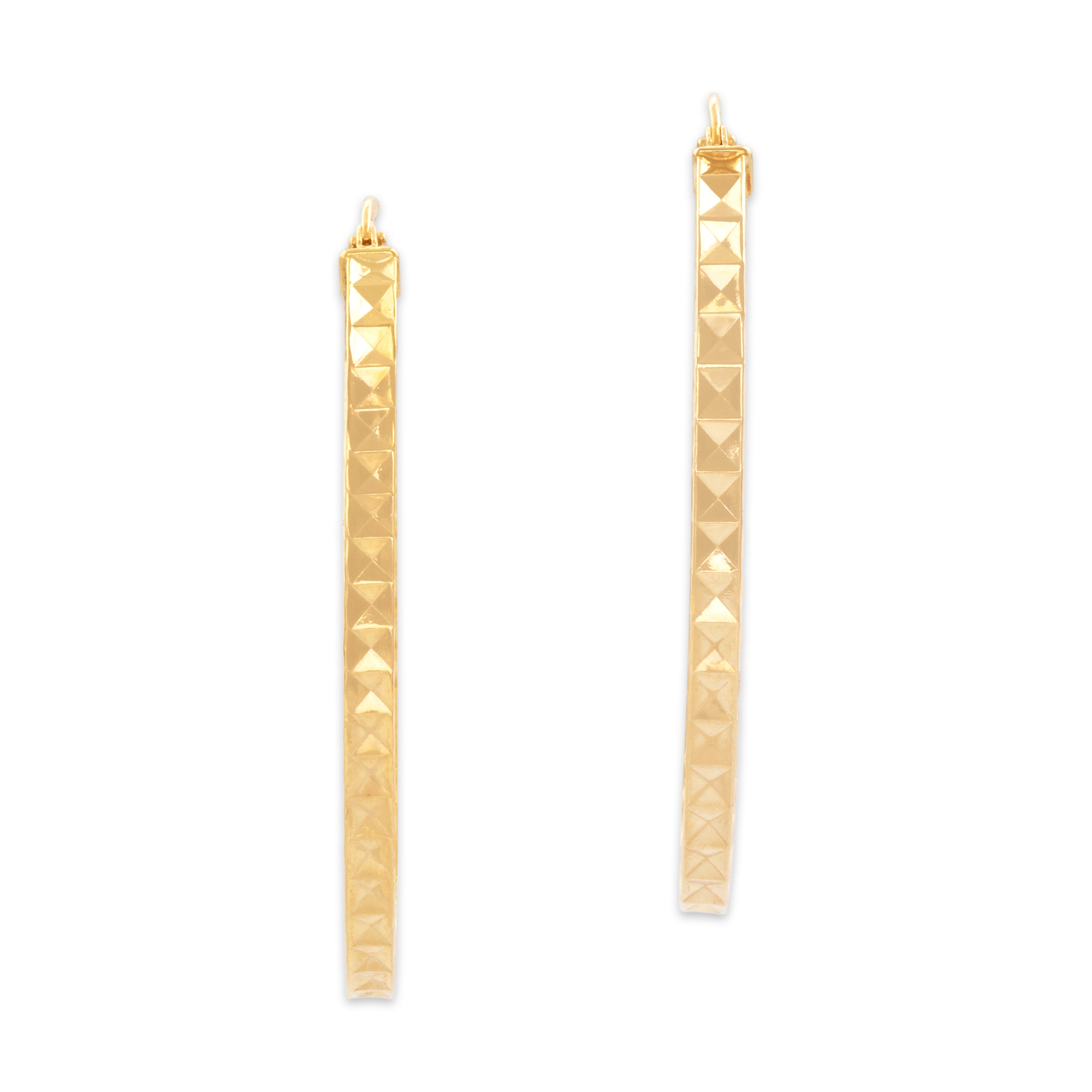Vintage Italian 14k Yellow Gold Oval Diamond Cut Pyramid Hoop Earrings - detail view #1