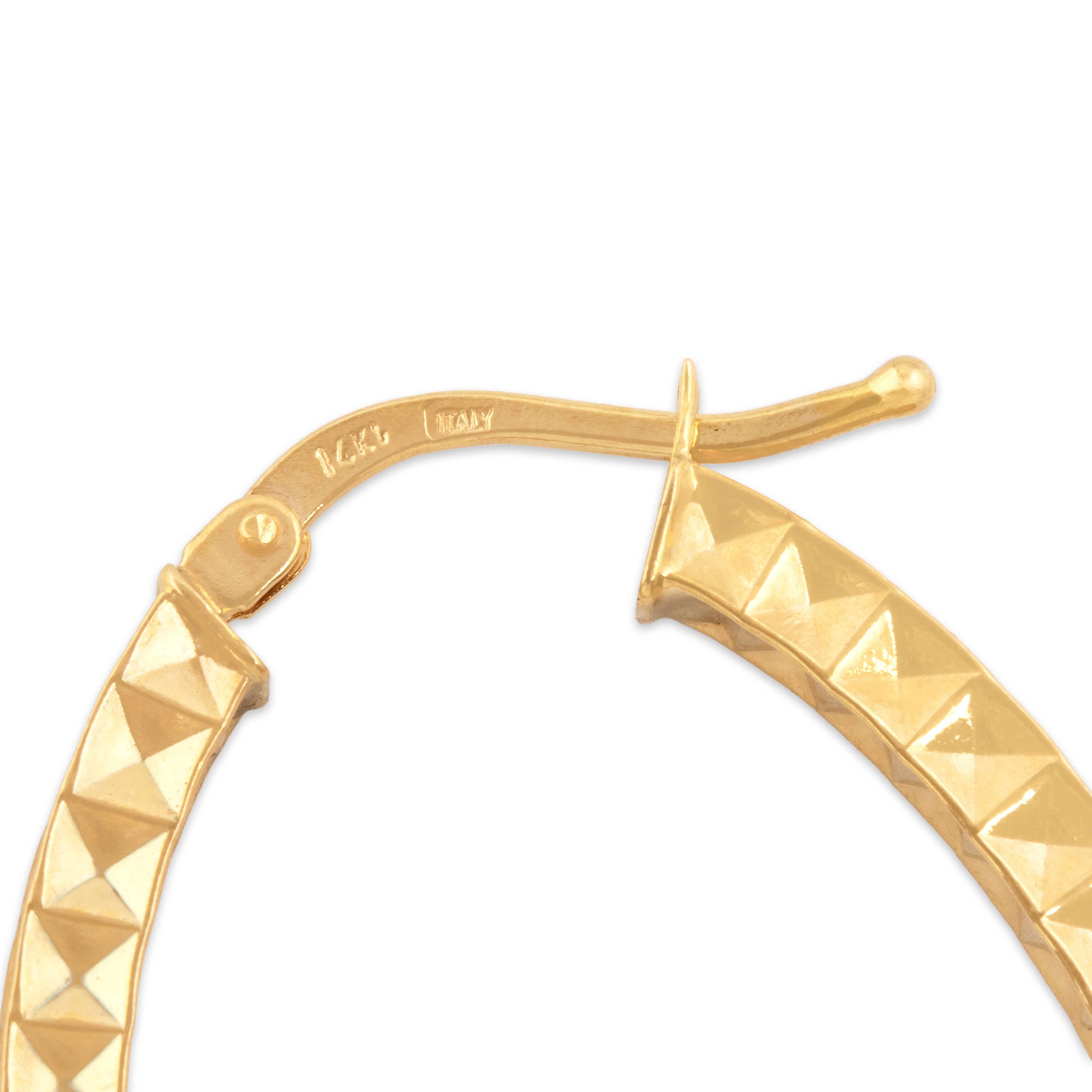 Vintage Italian 14k Yellow Gold Oval Diamond Cut Pyramid Hoop Earrings - Hallmark view