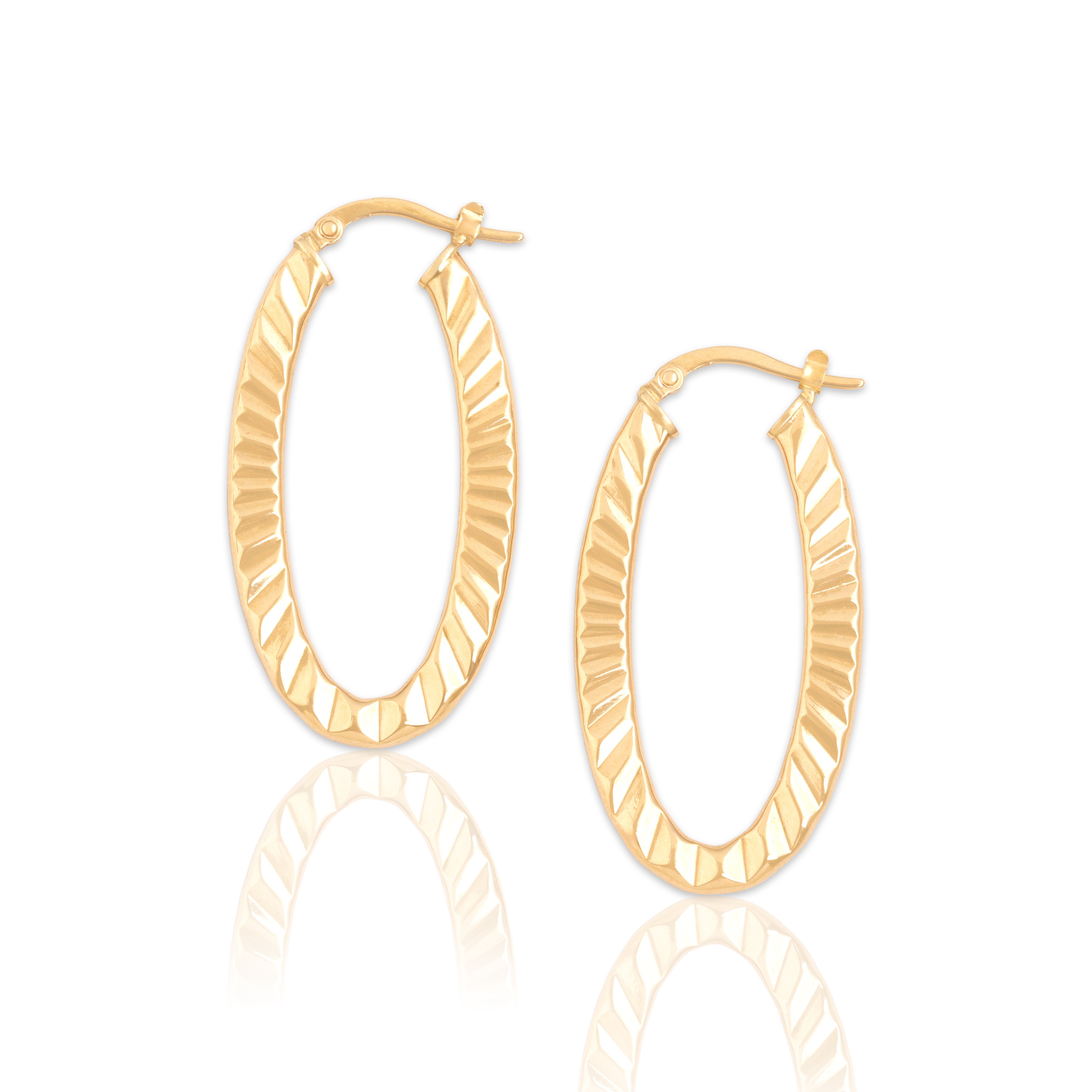 Vintage Italian 14k Yellow Gold Shiny Ridged Elongated Hoop Earrings - Close-up view