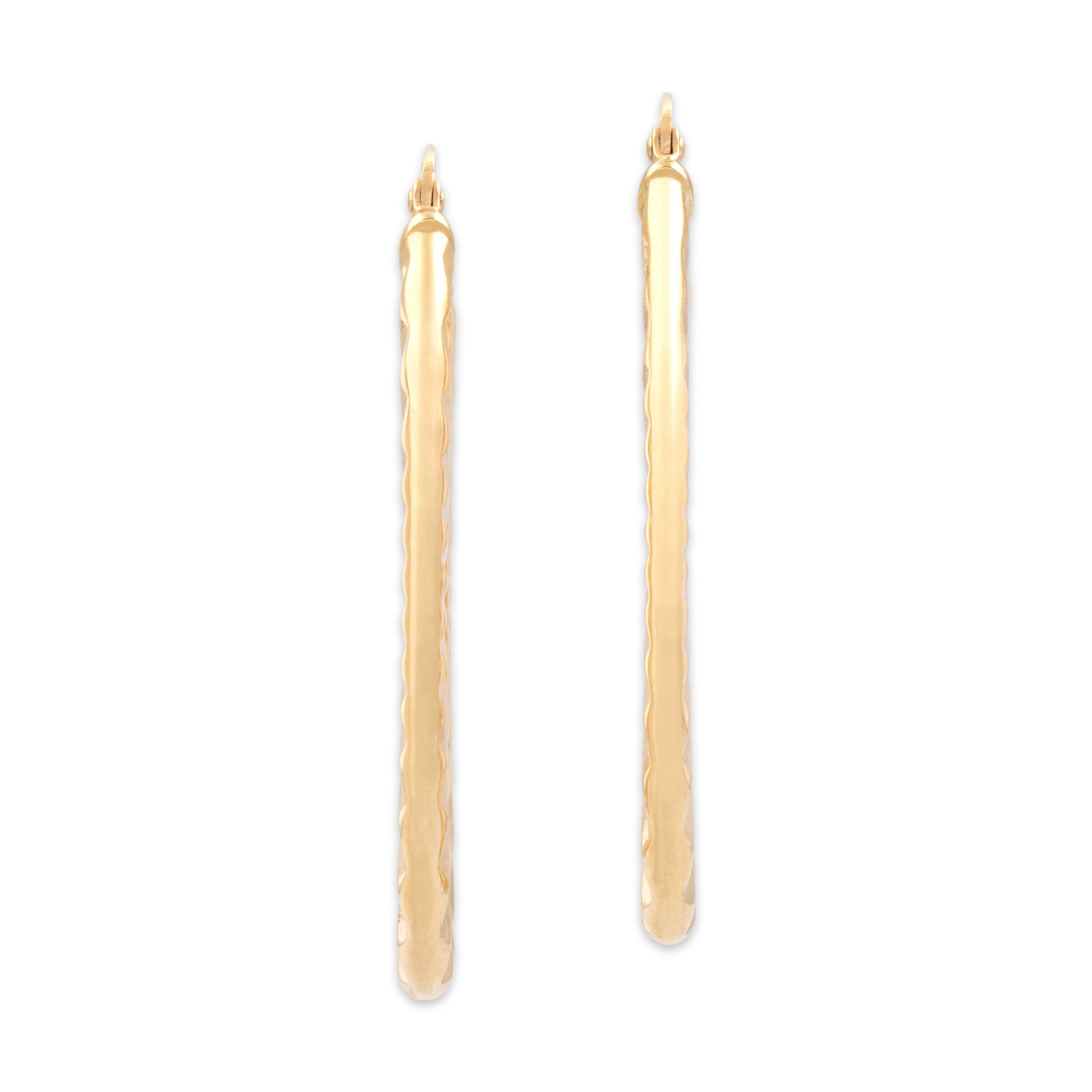 Vintage Italian 14k Yellow Gold Shiny Ridged Elongated Hoop Earrings - Side view