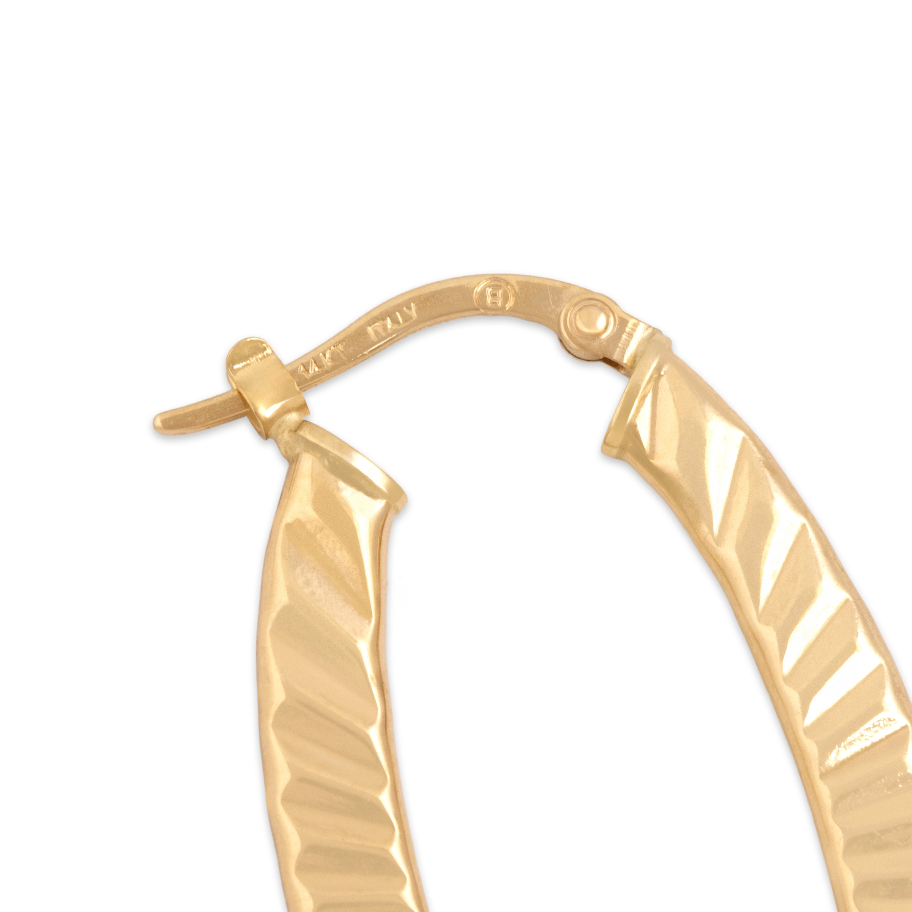 Vintage Italian 14k Yellow Gold Shiny Ridged Elongated Hoop Earrings - clasp view