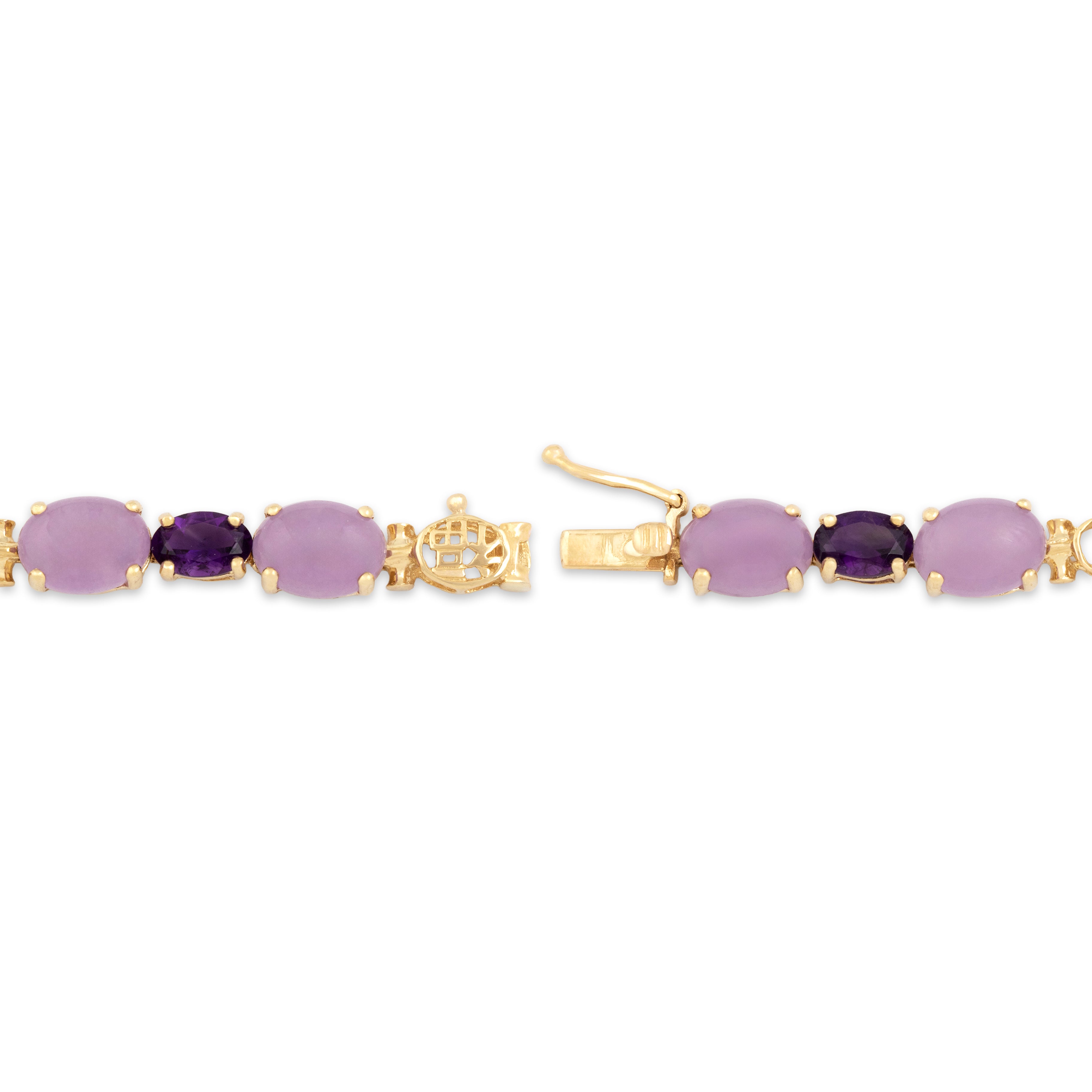 Vintage 14k Yellow Gold 13.14cttw Lavender Jade 2.23cttw Amethyst Fabulous Oval Script Link Bracelet - clasp view