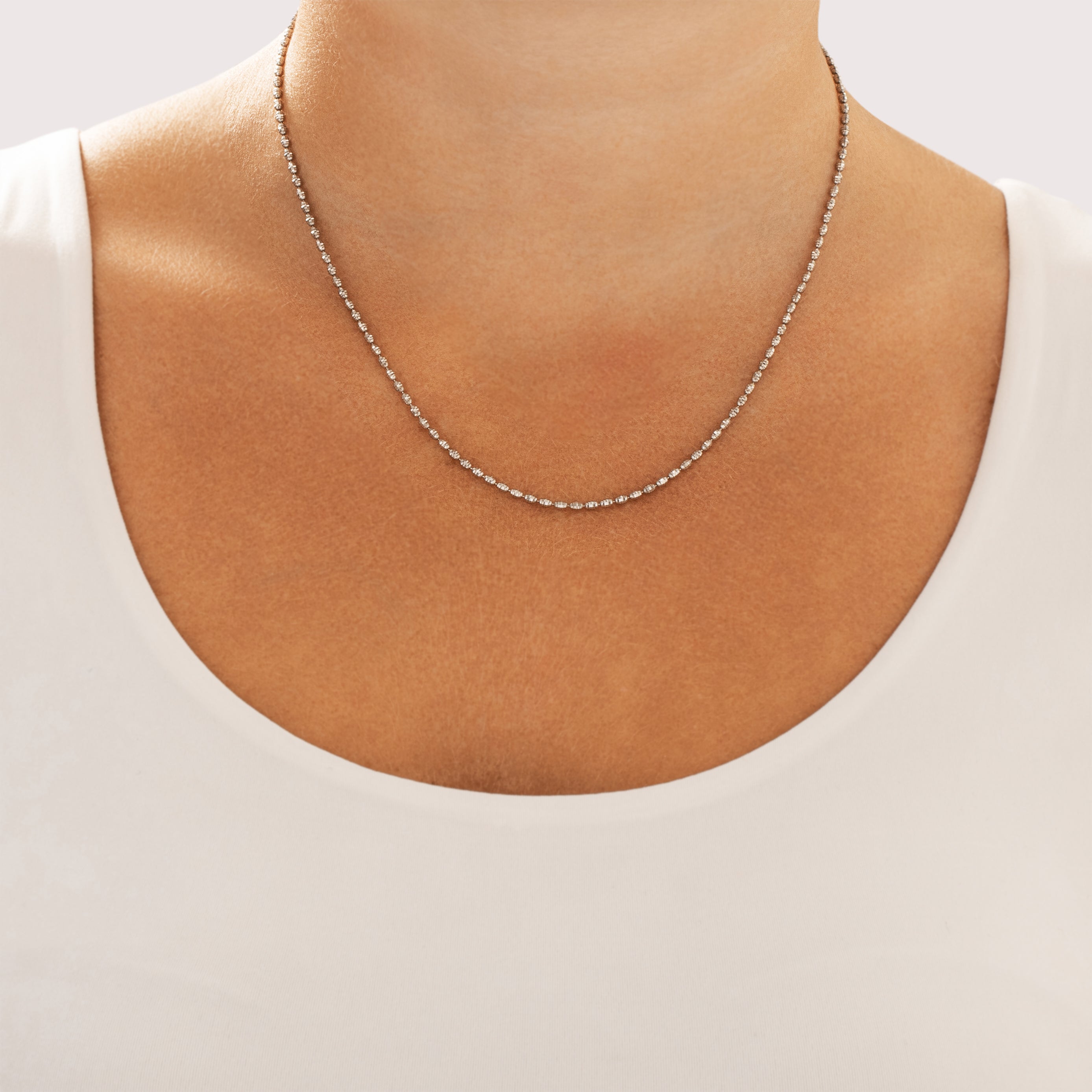 Vintage Italian 14k White Gold 2mm Glittering Textured Ball Chain - On model view