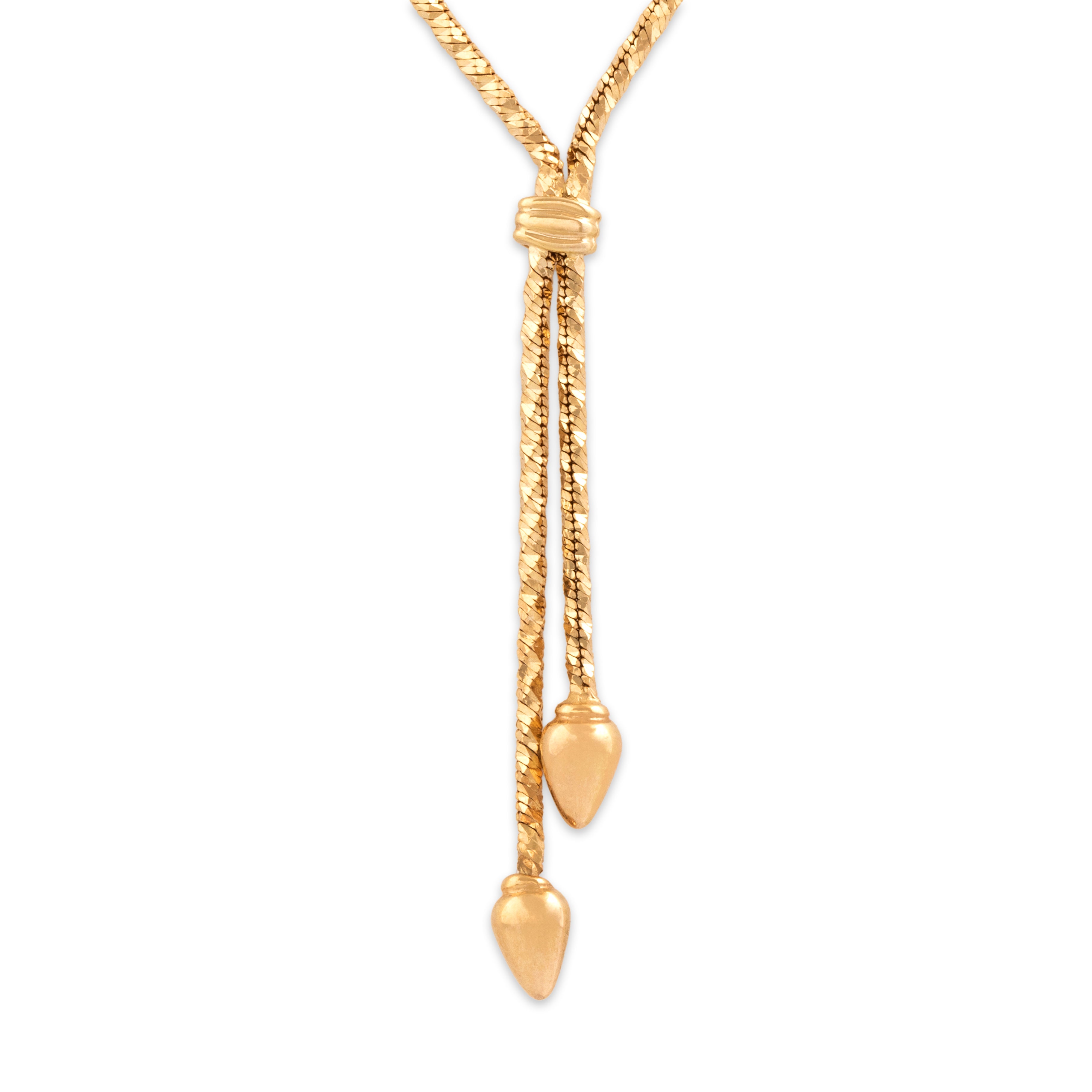 Vintage Italian 14k Yellow Gold Glittering Diamond Cut Twisted Chain Lariat Dangle Necklace - detail view #2