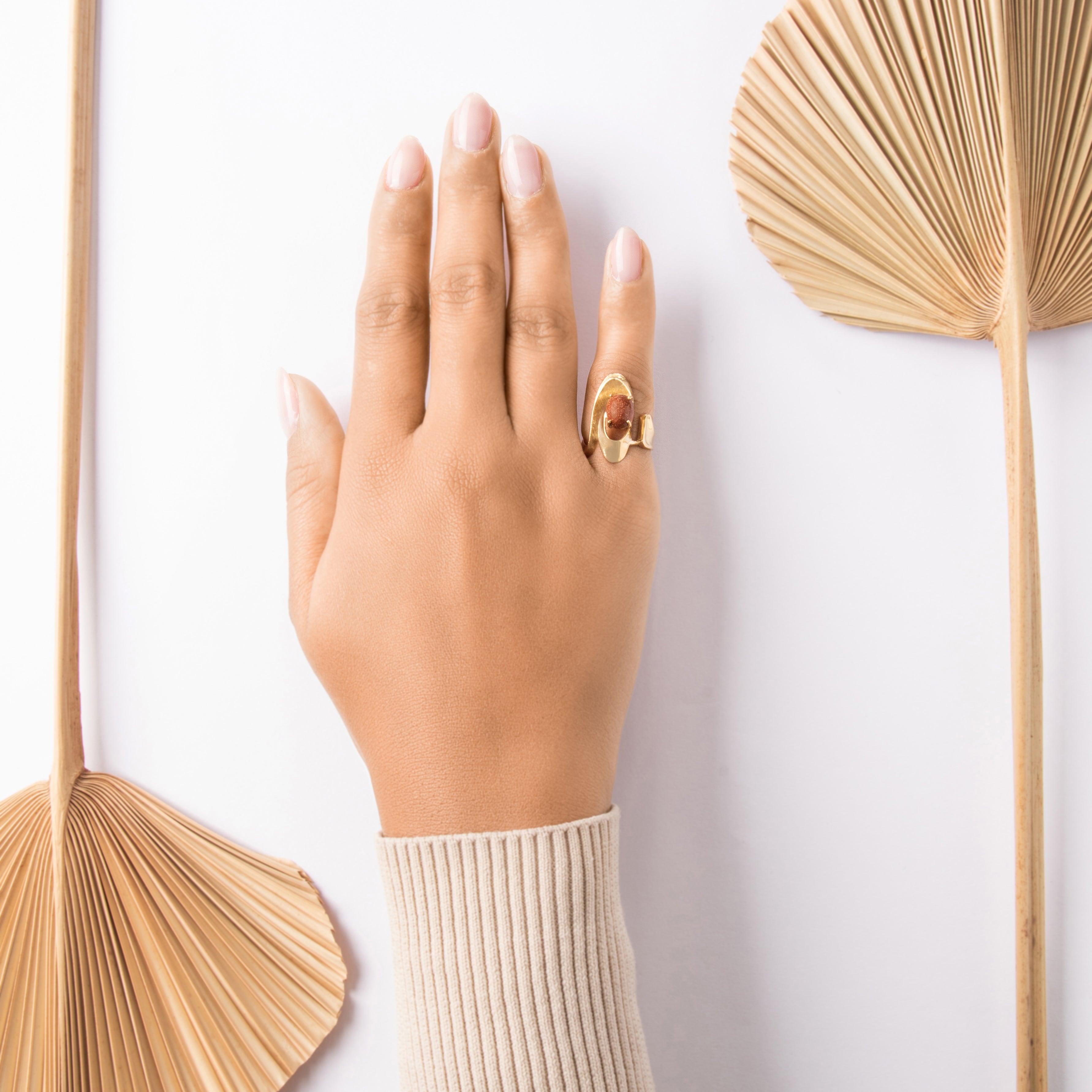 Vintage 18k Yellow Gold Goldstone Textured Organic Freeform Cocktail Ring - On model view